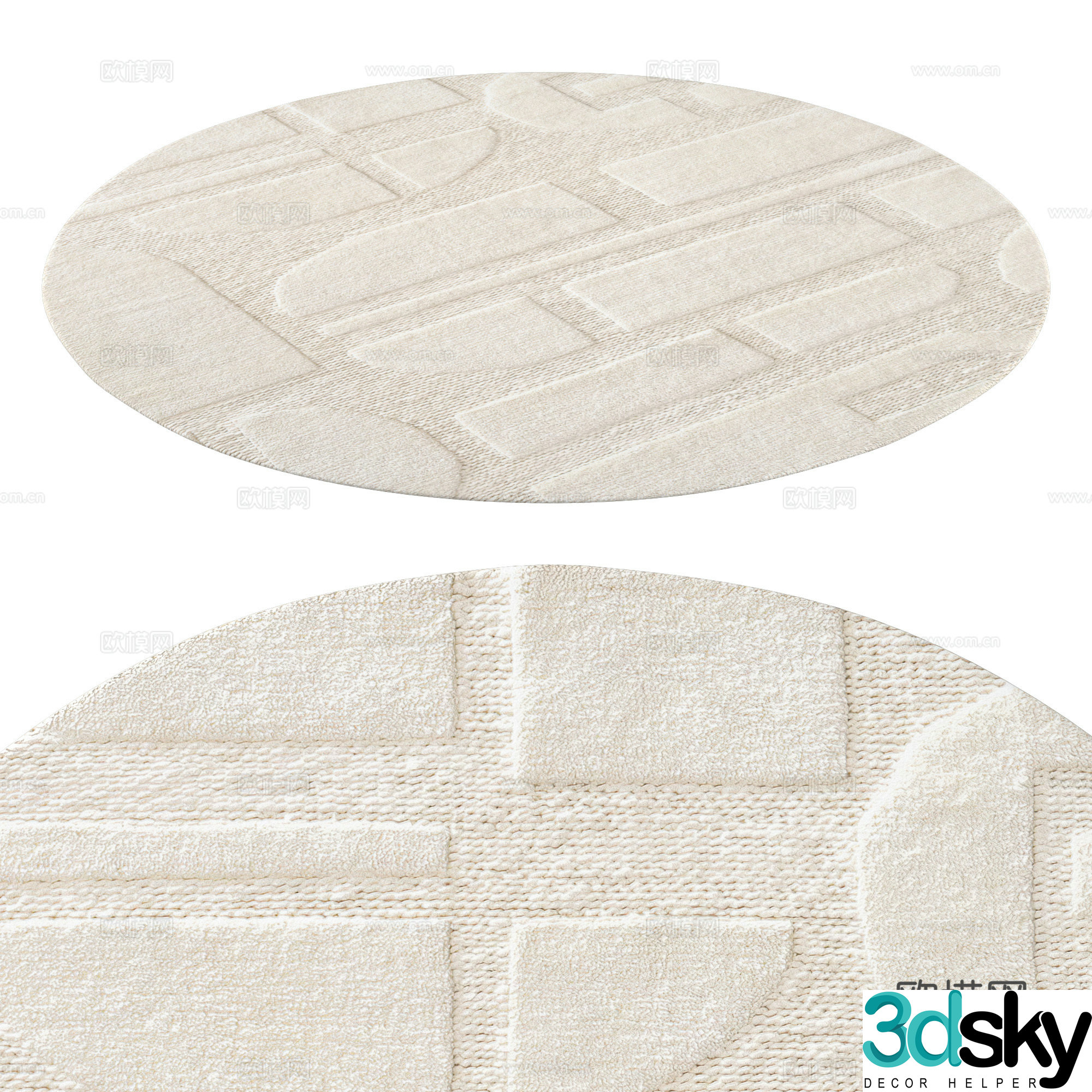 Modern Cream Style Aarav Round Wool Carpet 3D Model