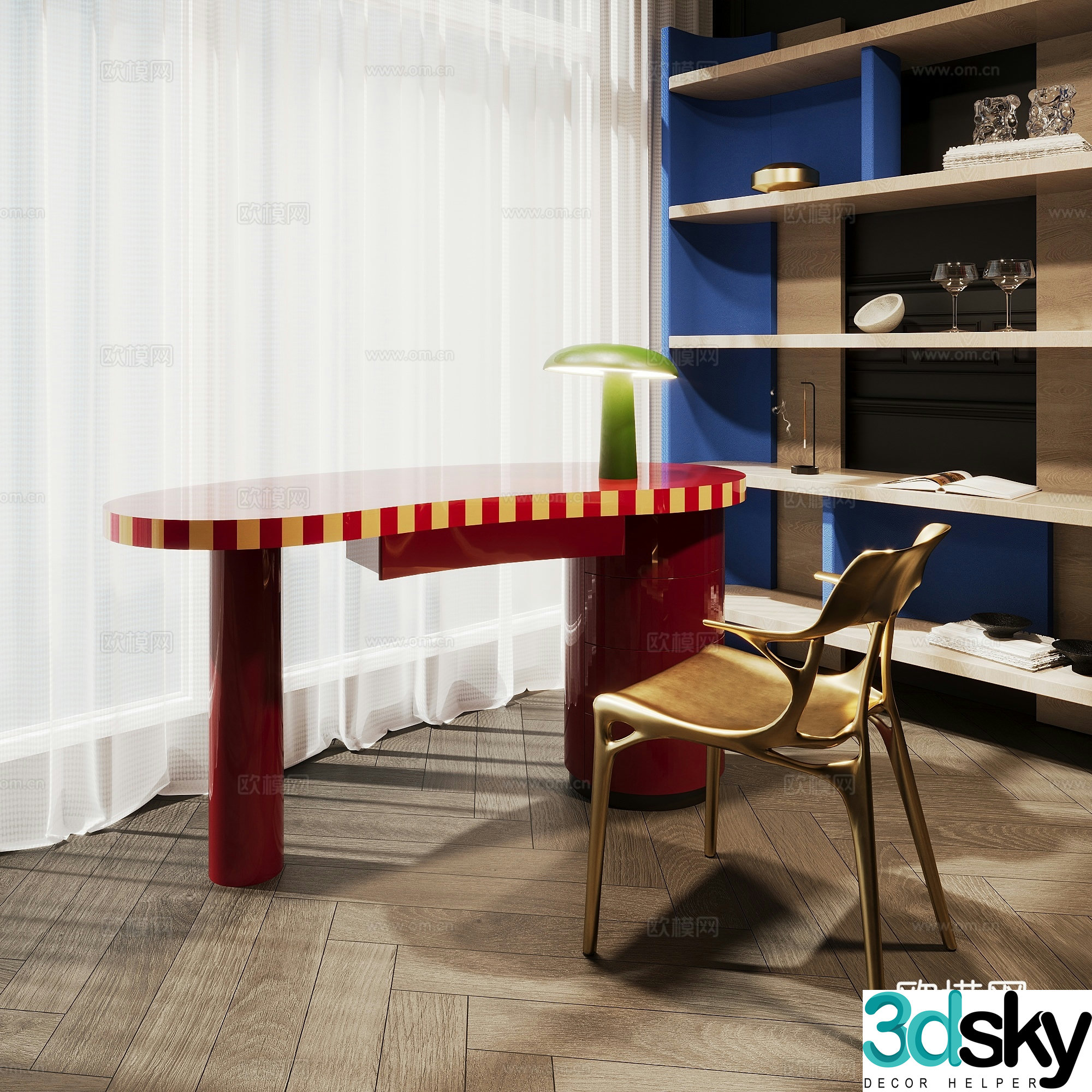 Desk Single Chair Bookshelf Red Special-shaped desk desk lamp ornament Study room 3D model