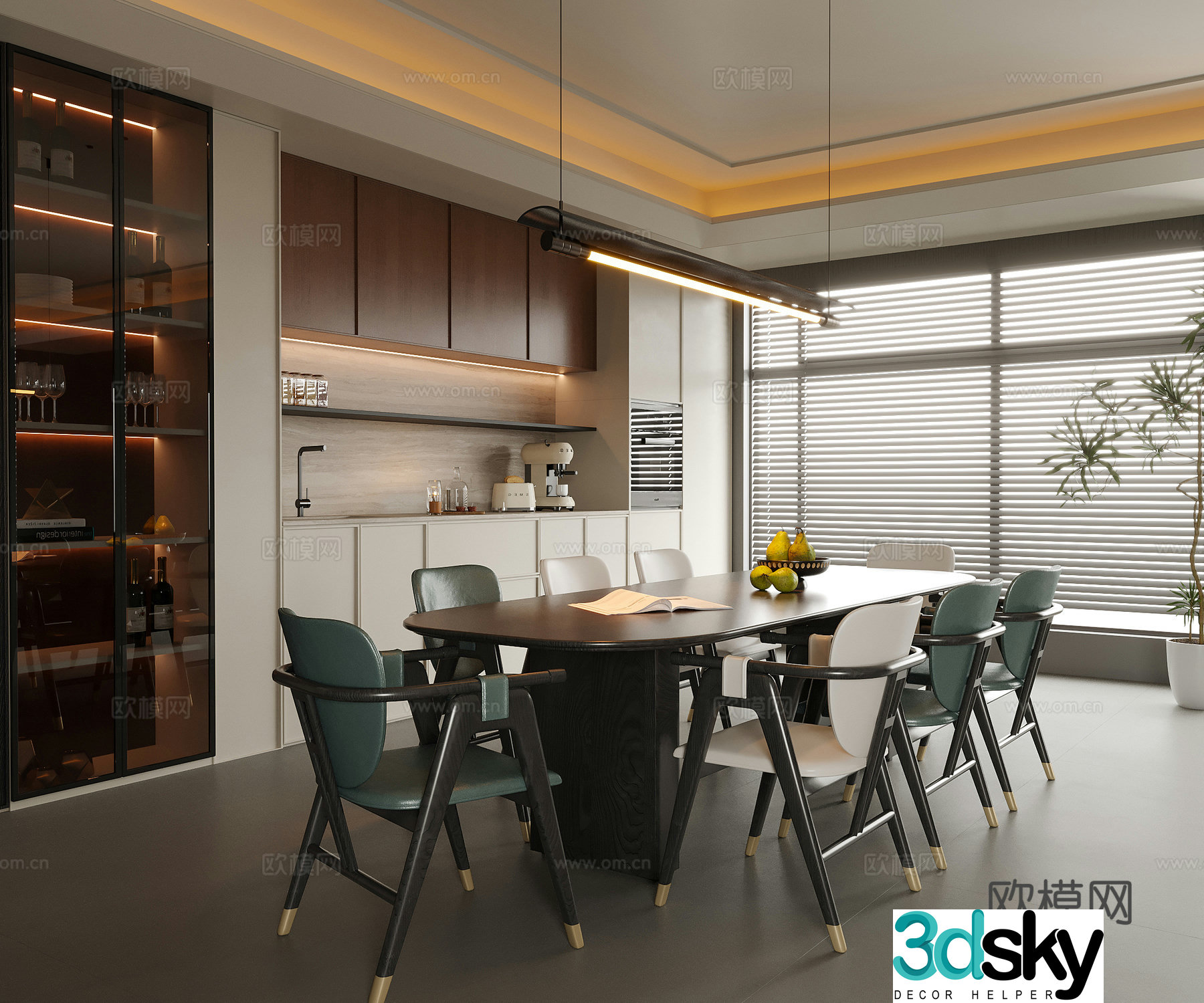 Modern restaurant dining table and chair wine cabinet sideboard 3d model
