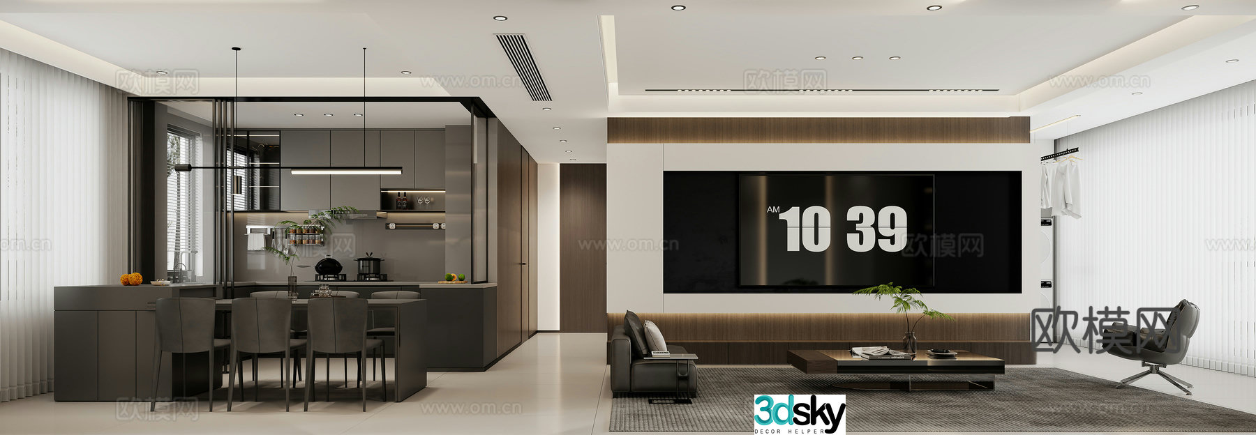 Modern black white and gray living room 3d model