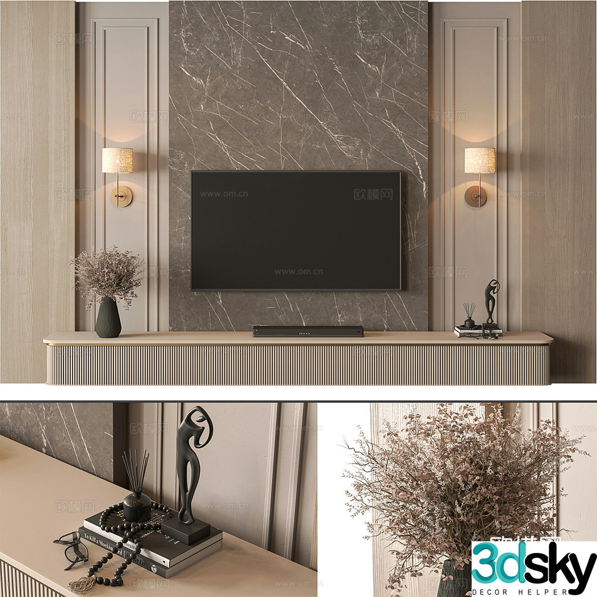 New Chinese style Wasabi living room TV background wall 3D model