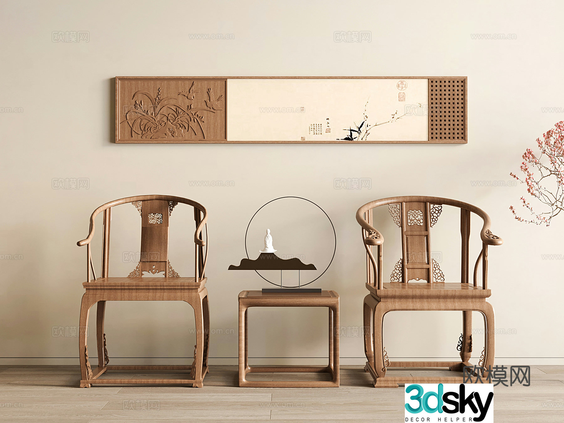 Chinese solid wood palace chair ring chair classical Ming and Qing Taishi chair single chair decorative painting 3D model