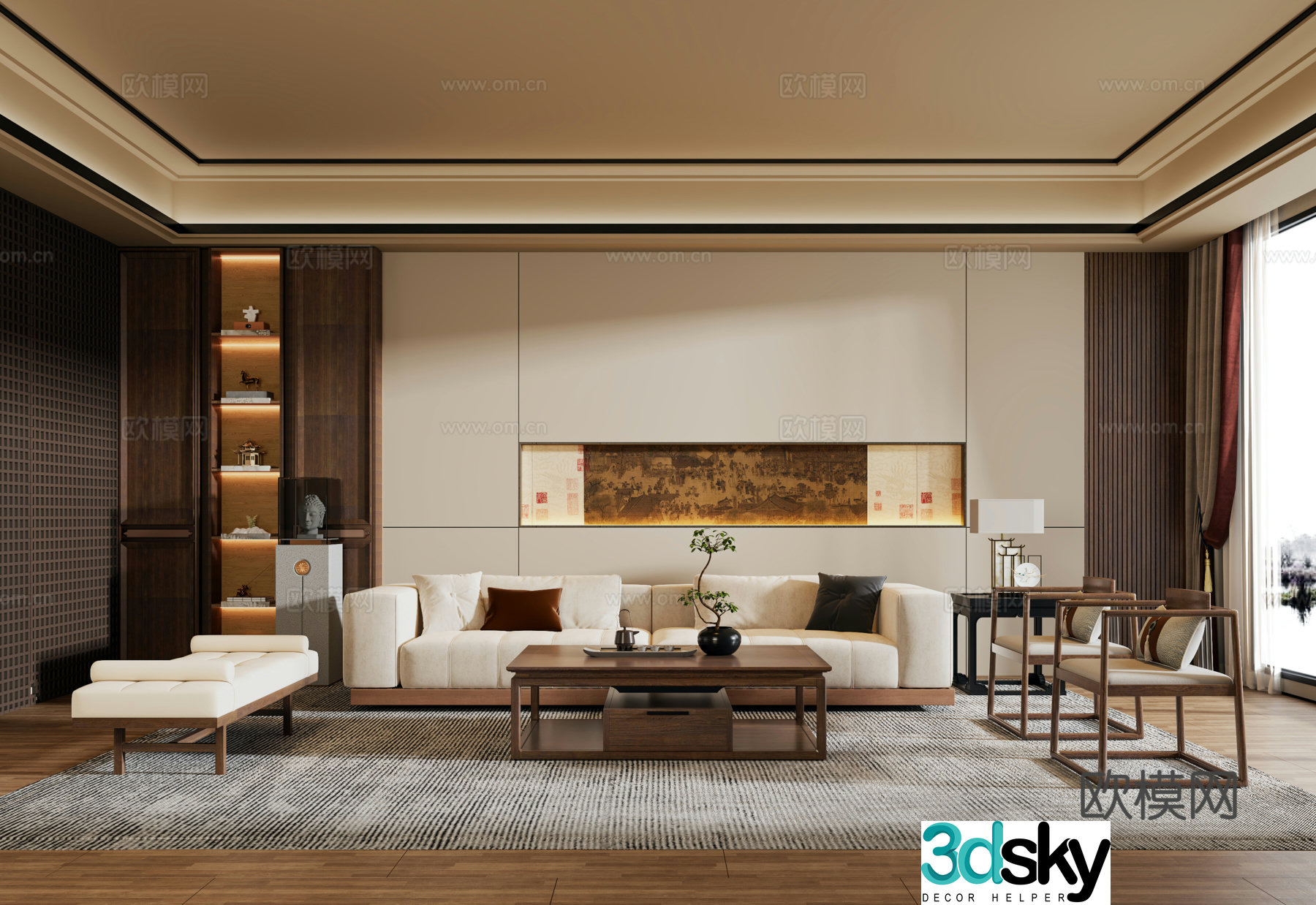 New Chinese style living room sofa and coffee table combination new Chinese style background wall sculpture screen 3d model