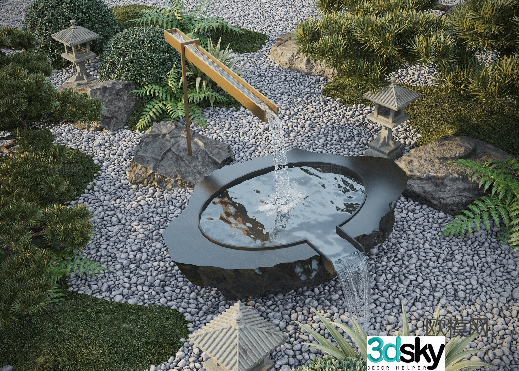 Modern water landscape flowing water pool water bowl 3d model