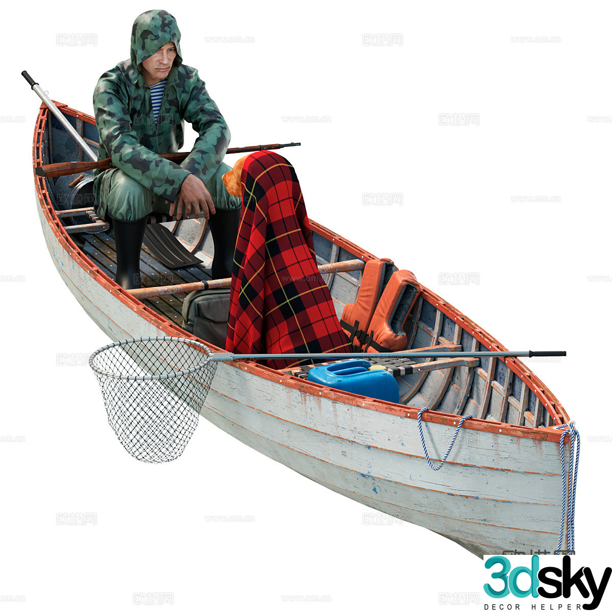 Modern fishing boat fisherman fisherman dog fishing with his owner 3d model