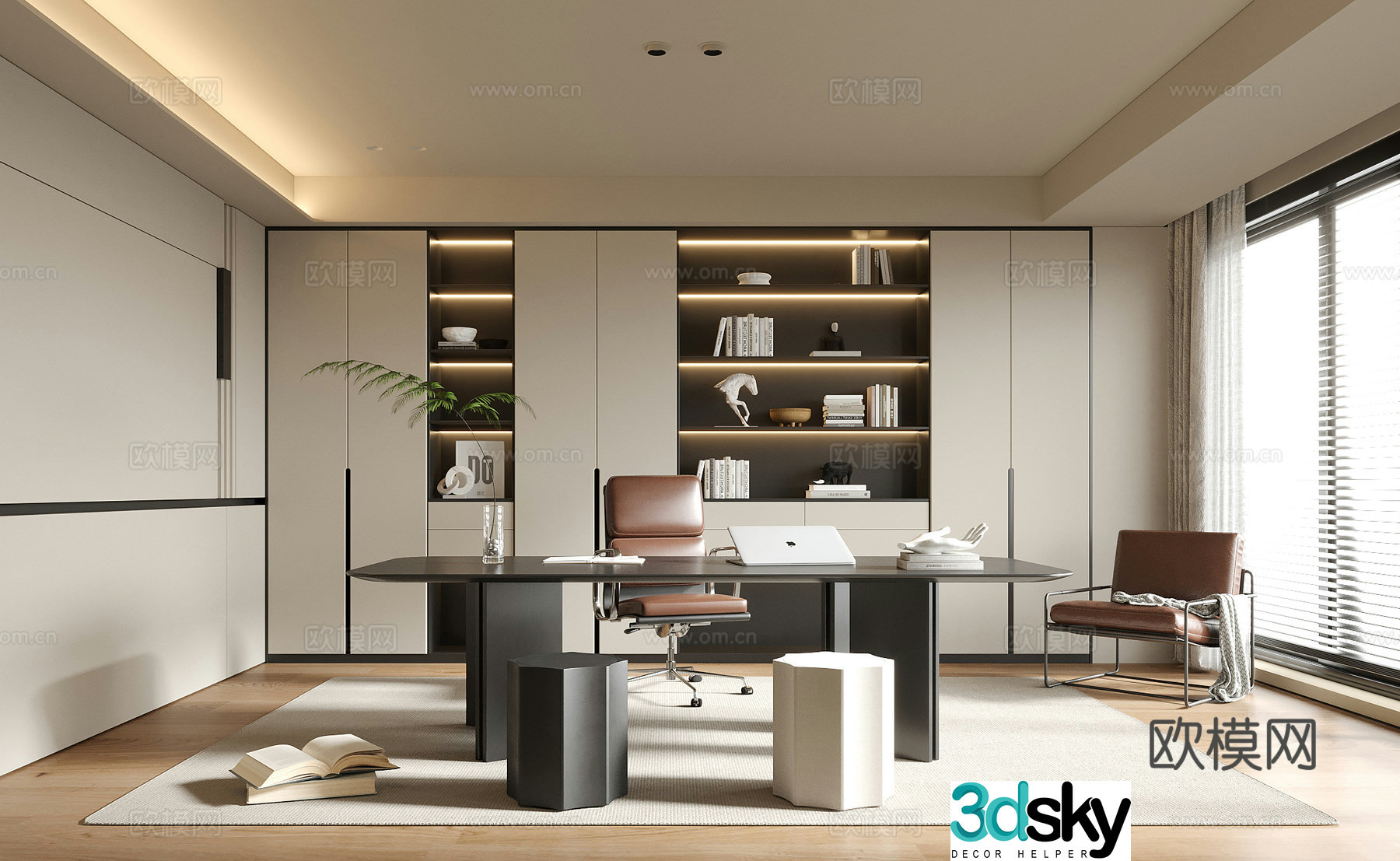 Modern study desk bookcase bookshelf stool 3d model