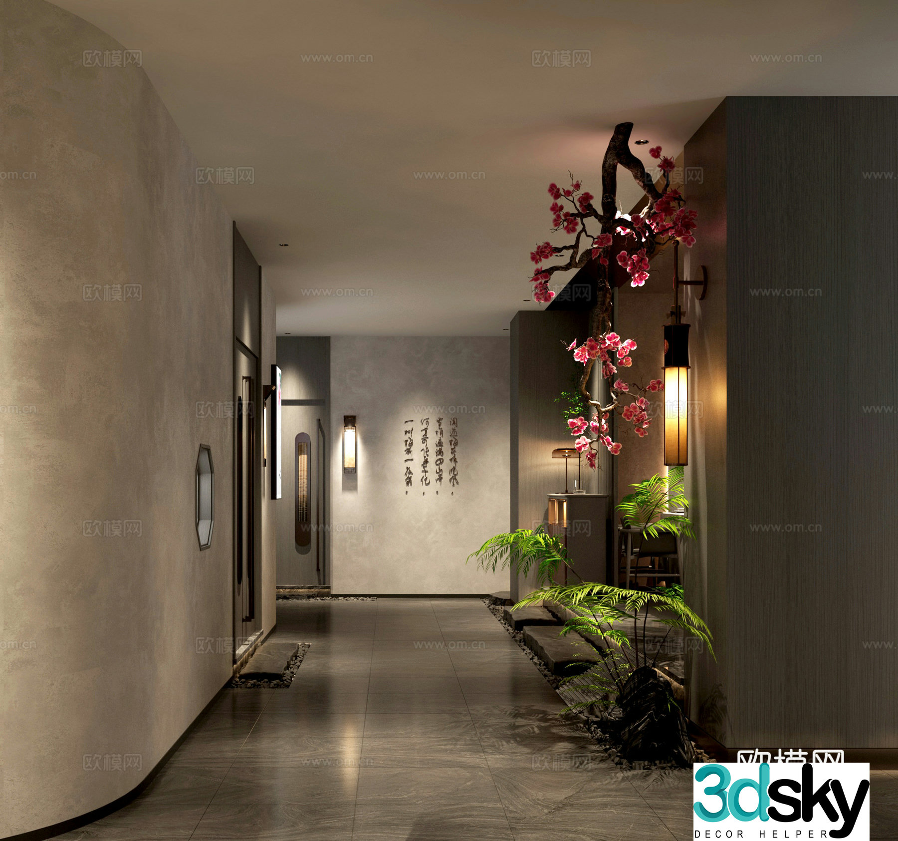 Modern restaurant Internet celebrity card area walkway dark tone 3D model