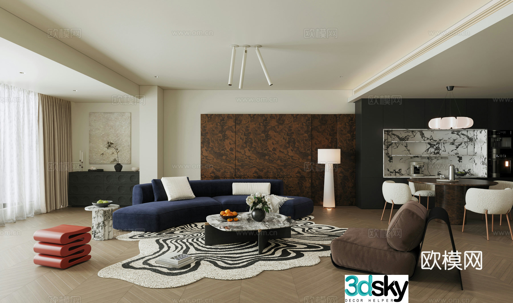 Waviva retro home living room horizontal hall large flat living room black and white living room without owner lights 3D model