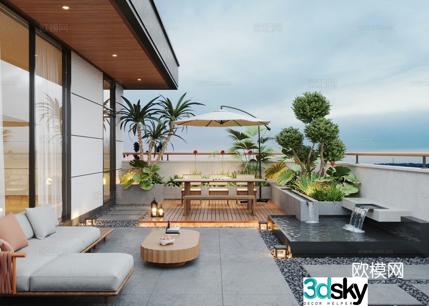 Modern roof garden water view pool outdoor sofa outdoor dining 3d model