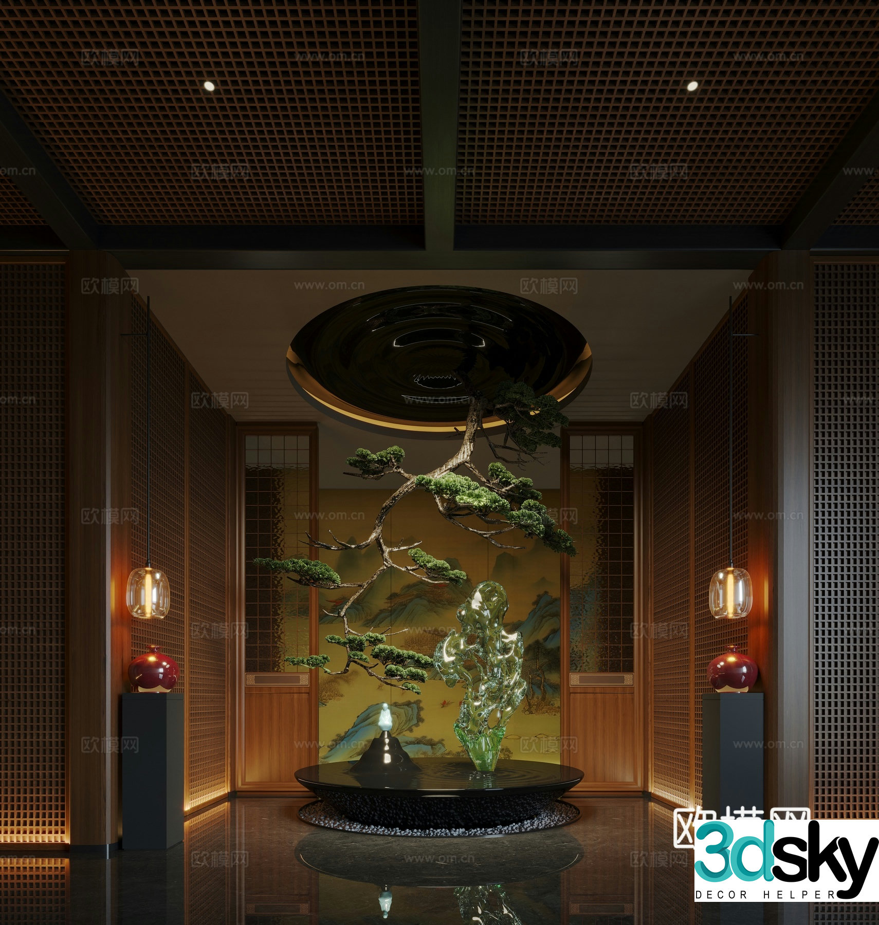 New Chinese Hotel Hall Installation Art Hanging Tree Crystal Stone 3D Model