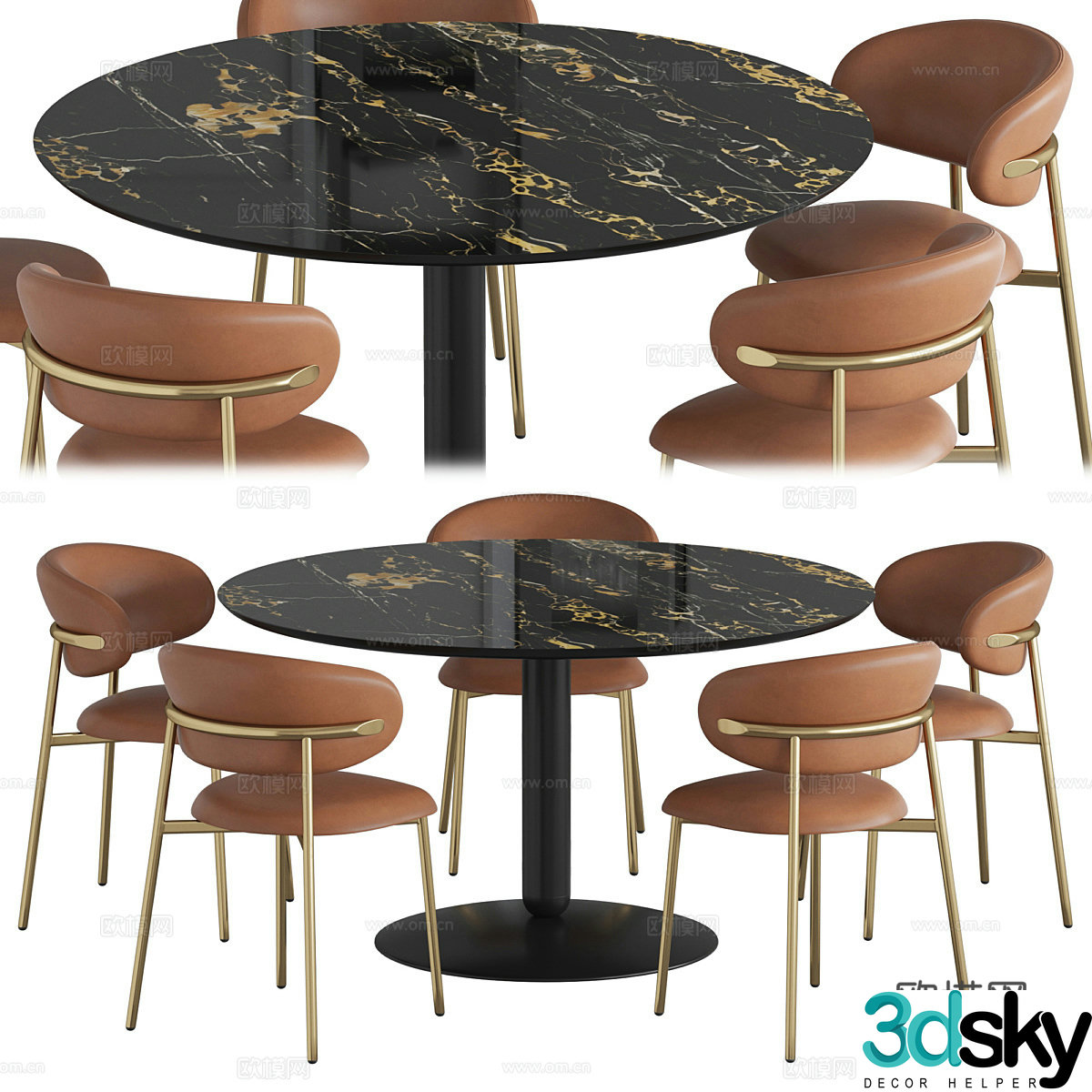 Modern light luxury round dining table and chair 3D model
