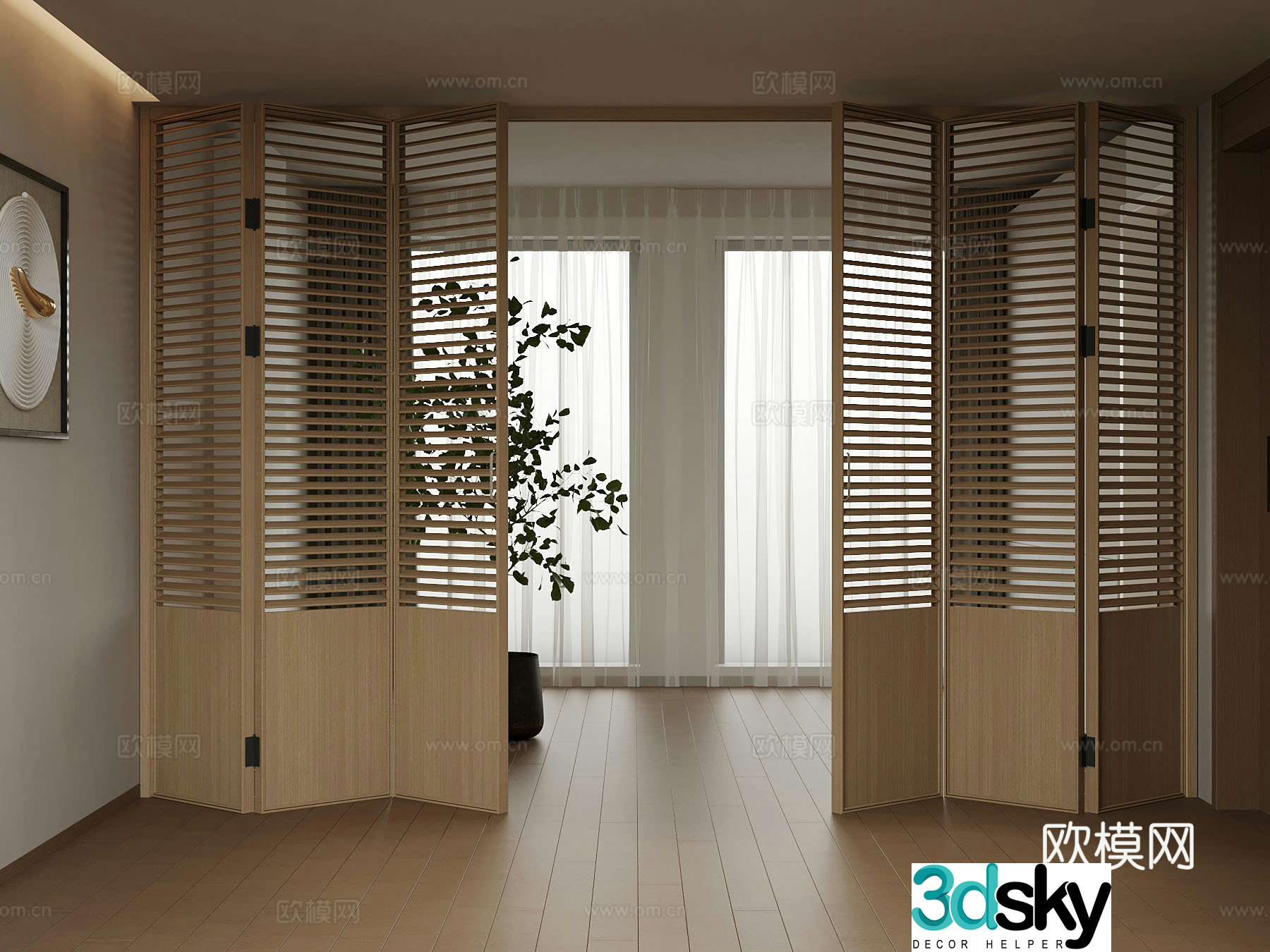 Modern solid wood folding door green plant 3d model