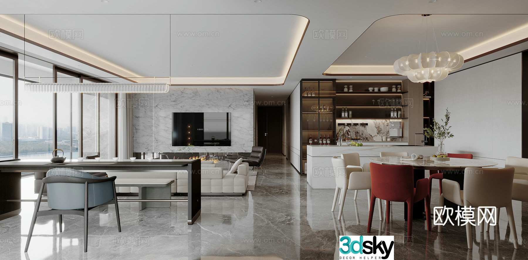 Modern Cream Living and Restaurant 3D Model
