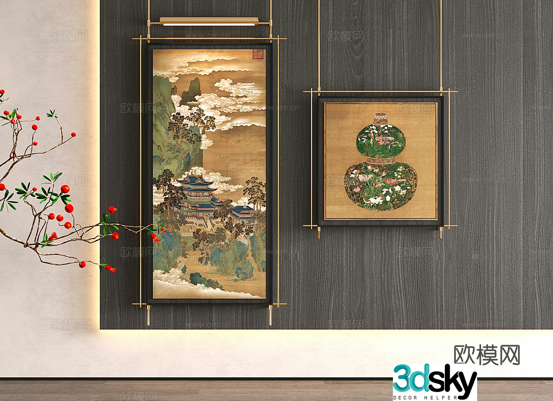 New Chinese style decorative paintings Xianshan pavilions Chinese style gourd vase pictures murals 3D model