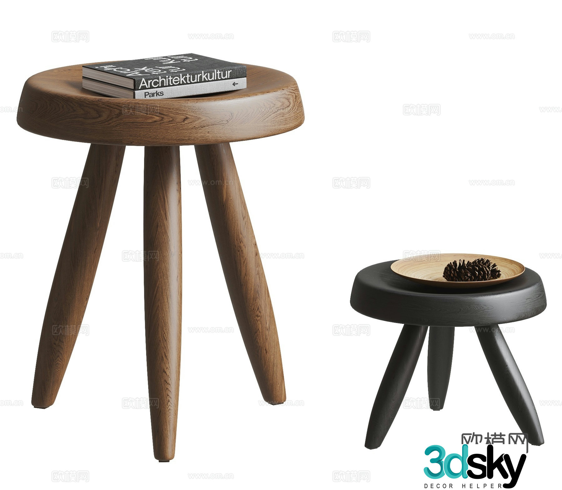 Modern solid wood stool combination 3D model