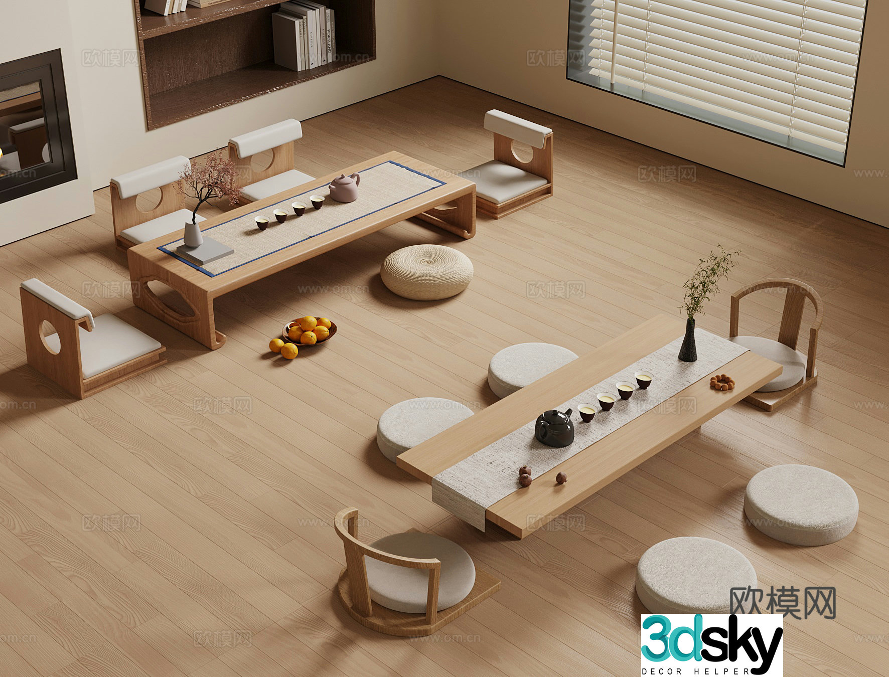 Japanese tea table and chair combination futon tea set 3D model