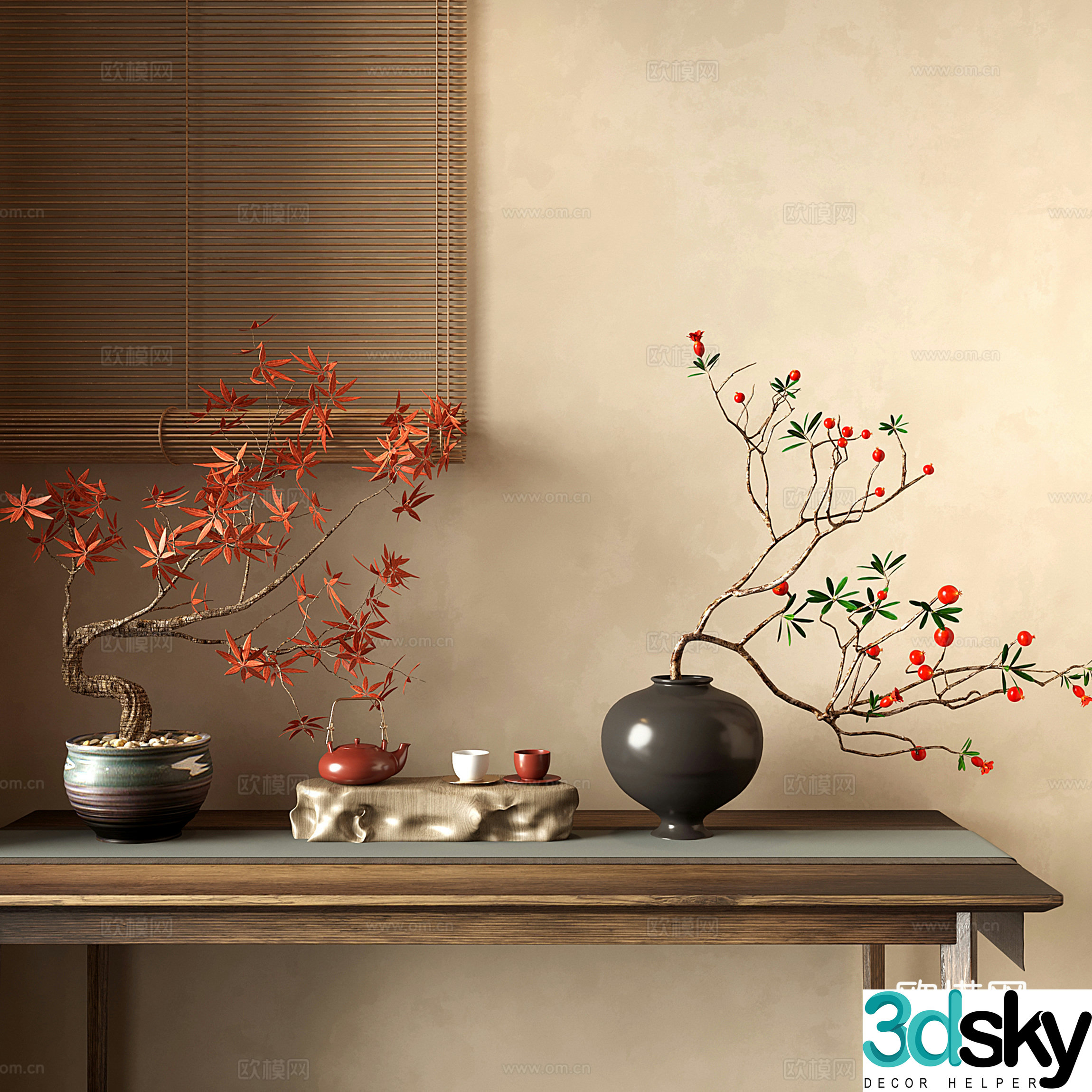 New Chinese style vase flower art dead branches cherry red maple leaf tree 3D model