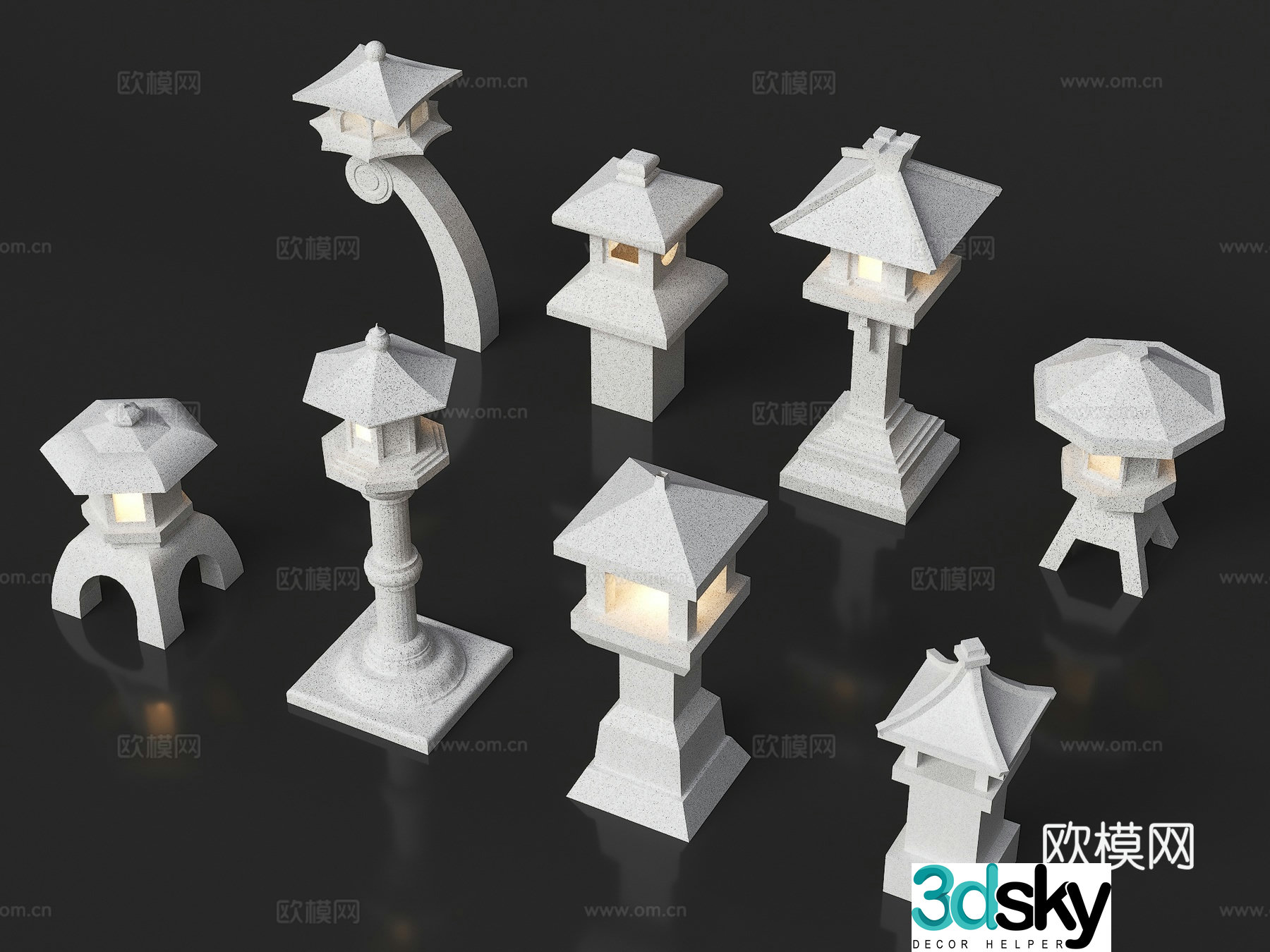 Chinese stone lantern Japanese stone lantern Jade clock Santan Moon Landscape light Garden light 3D model
