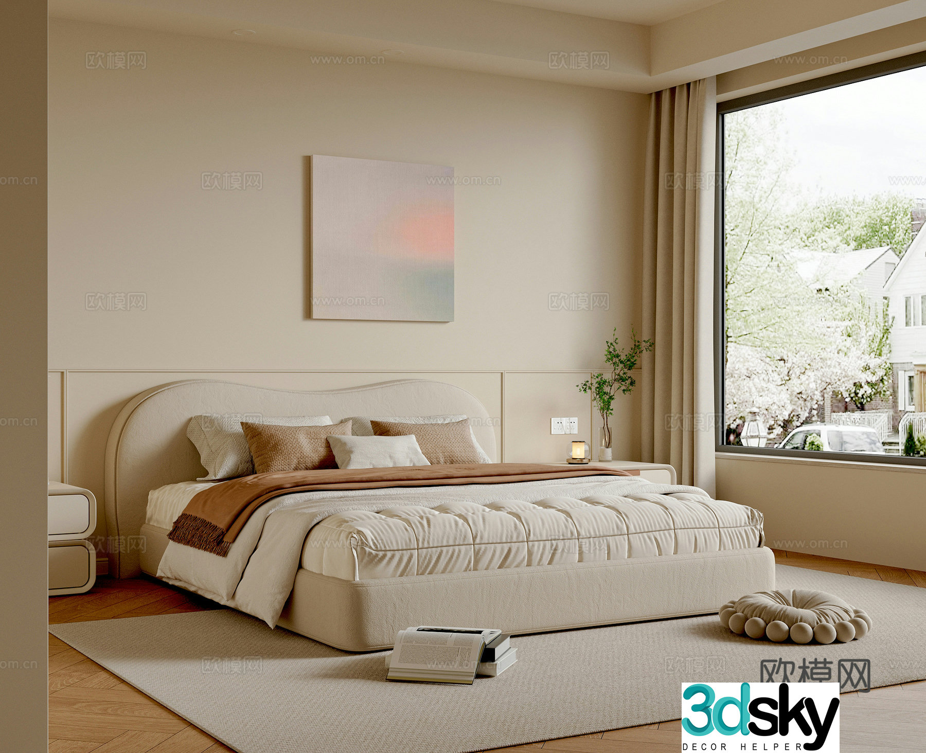 Modern creamy bedroom master bedroom double bed wardrobe hanging painting bedside table 3d model