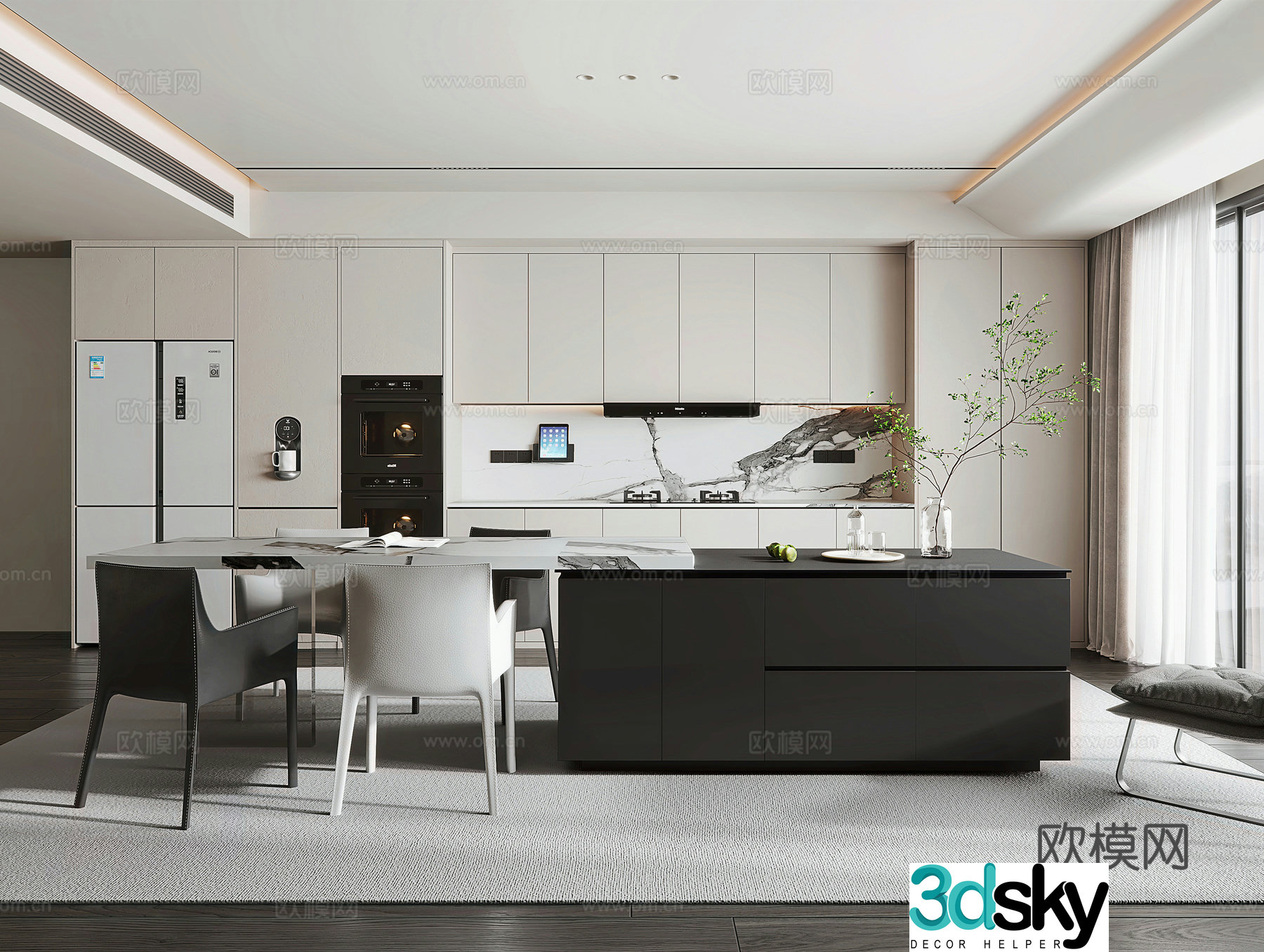 Modern minimalist open kitchen Kitchen and dining room cabinet island dining chair combination Kitchen appliances 3d model