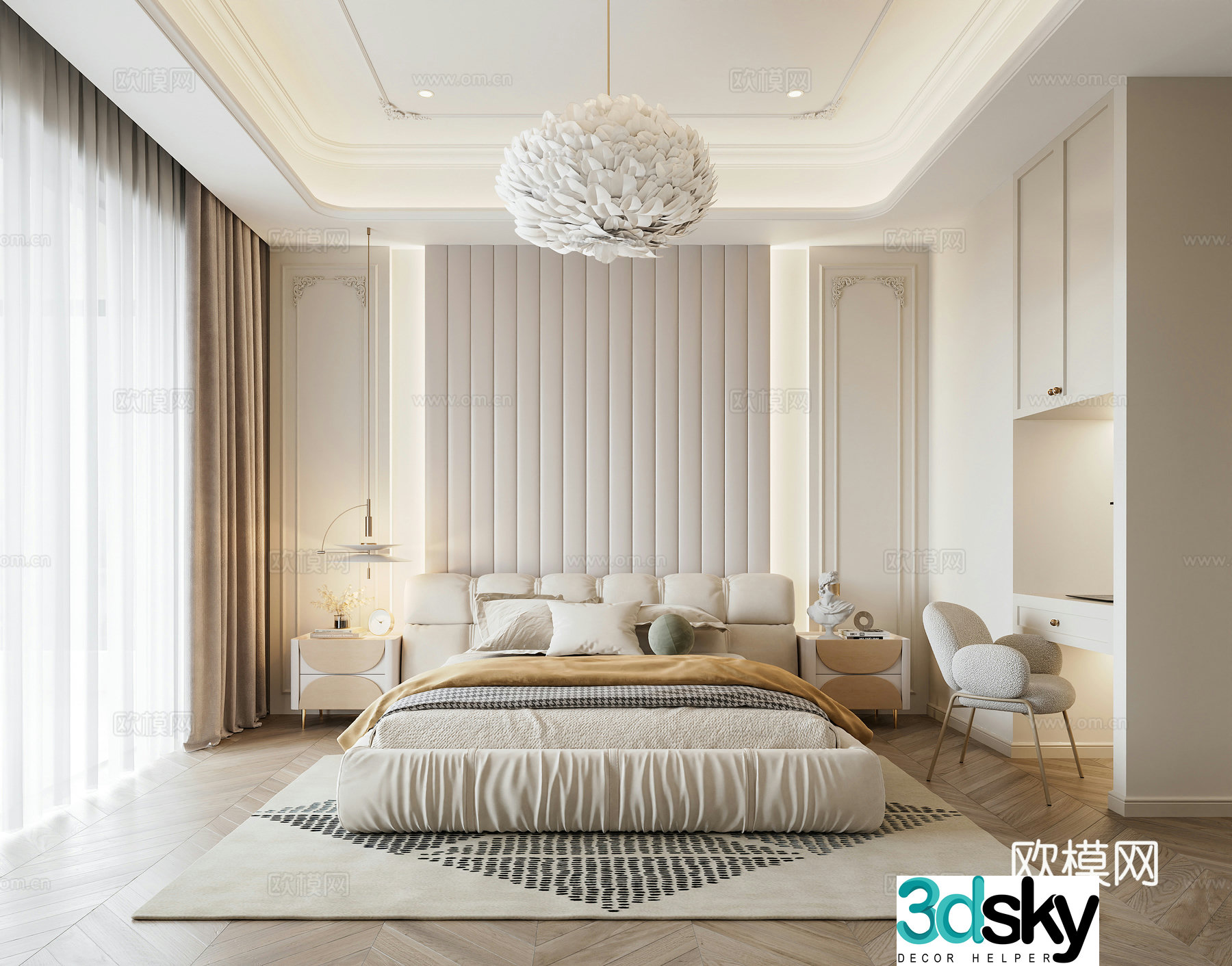 French home bedroom French double bed Feather chandelier French bedside table Master bedroom French hanging 3D model