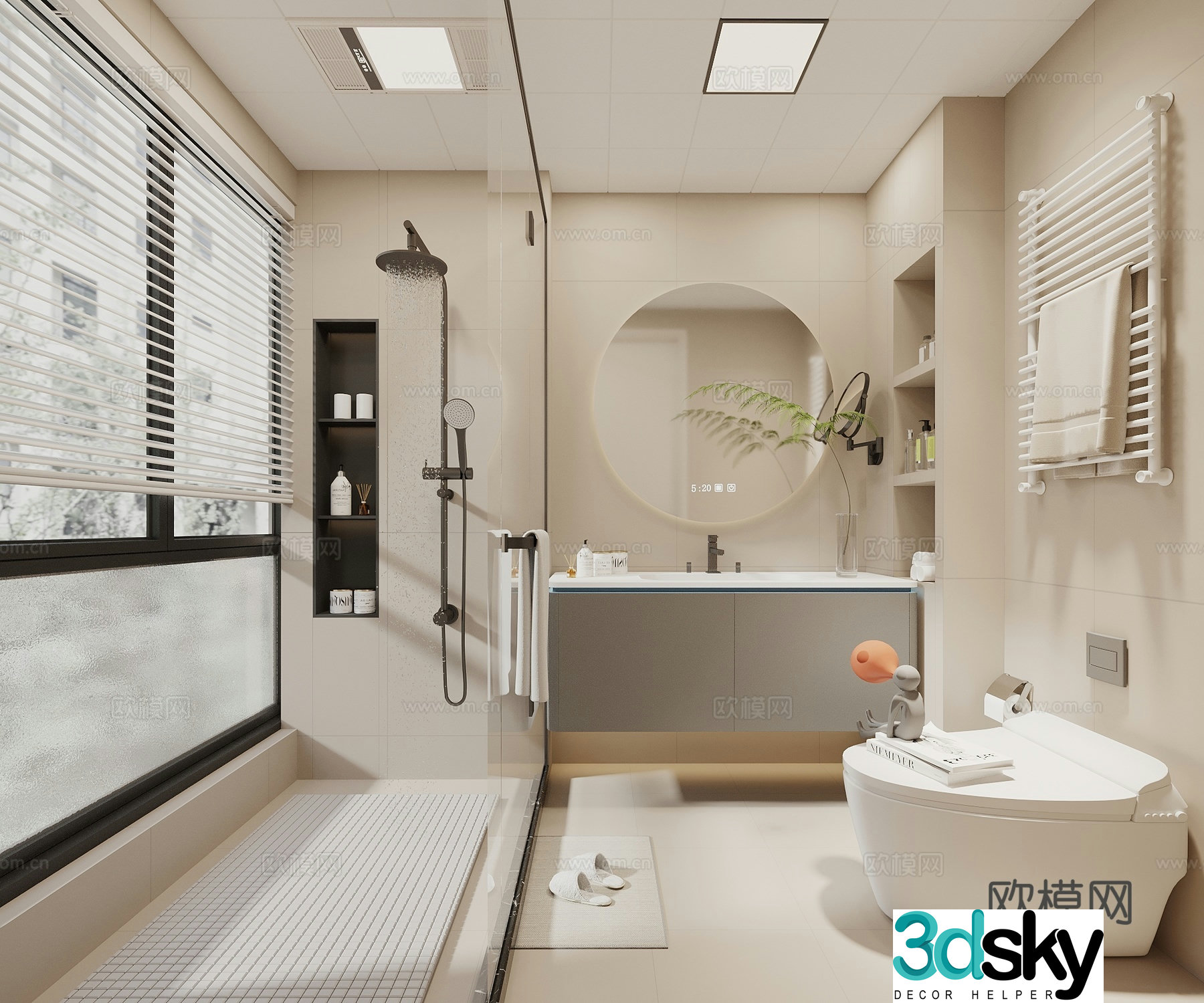 Modern cream style bathroom shower room shower shower toilet bathroom cabinet bathroom supplies 3d model