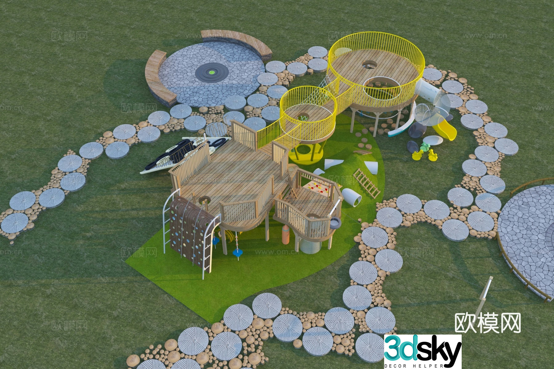 Modern children’s wooden slide children’s play equipment 3d model