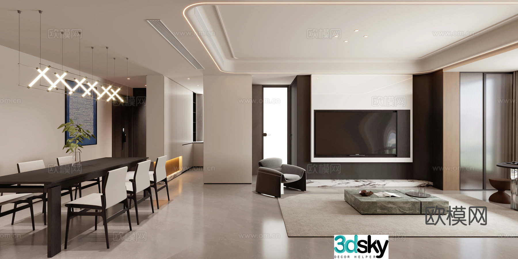 Modern living and dining room 3d model