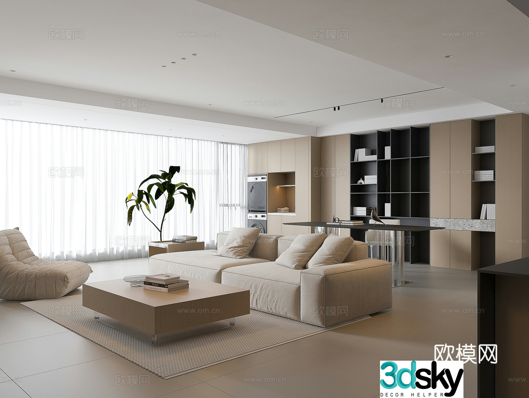 Modern living room large flat living room log living room creamy living room modern sofa coffee table combination 3D model