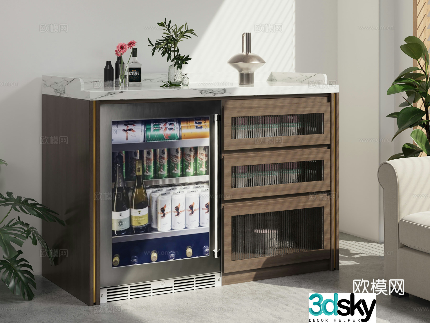Modern simple tea cabinet living room reception room side cabinet dining side cabinet solid wood marble tea cabinet embedded refrigerator 3D model