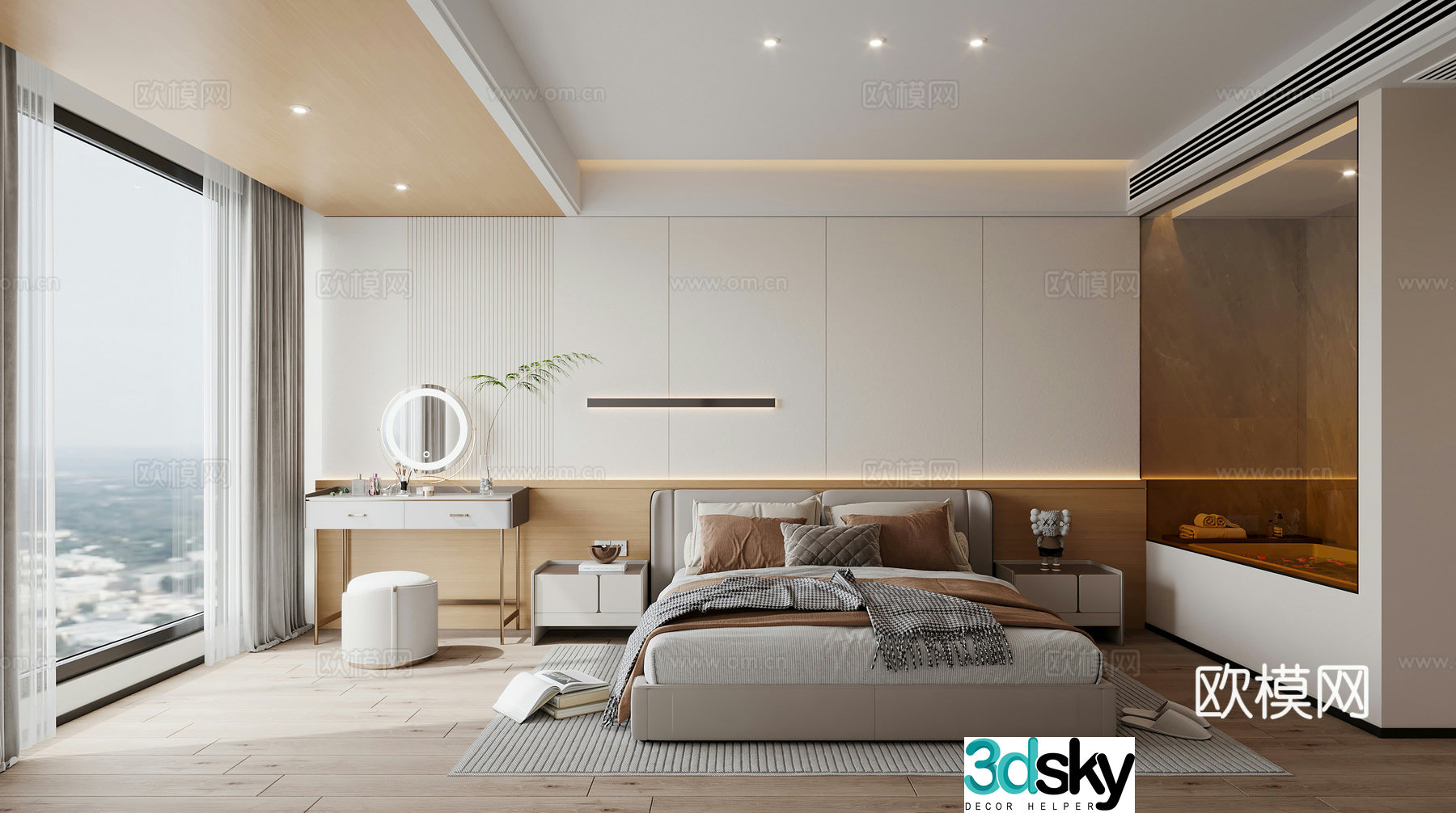 Simple bedroom Creamy style bedroom master room dressing table gradient glass modern bedroom master room 3d model