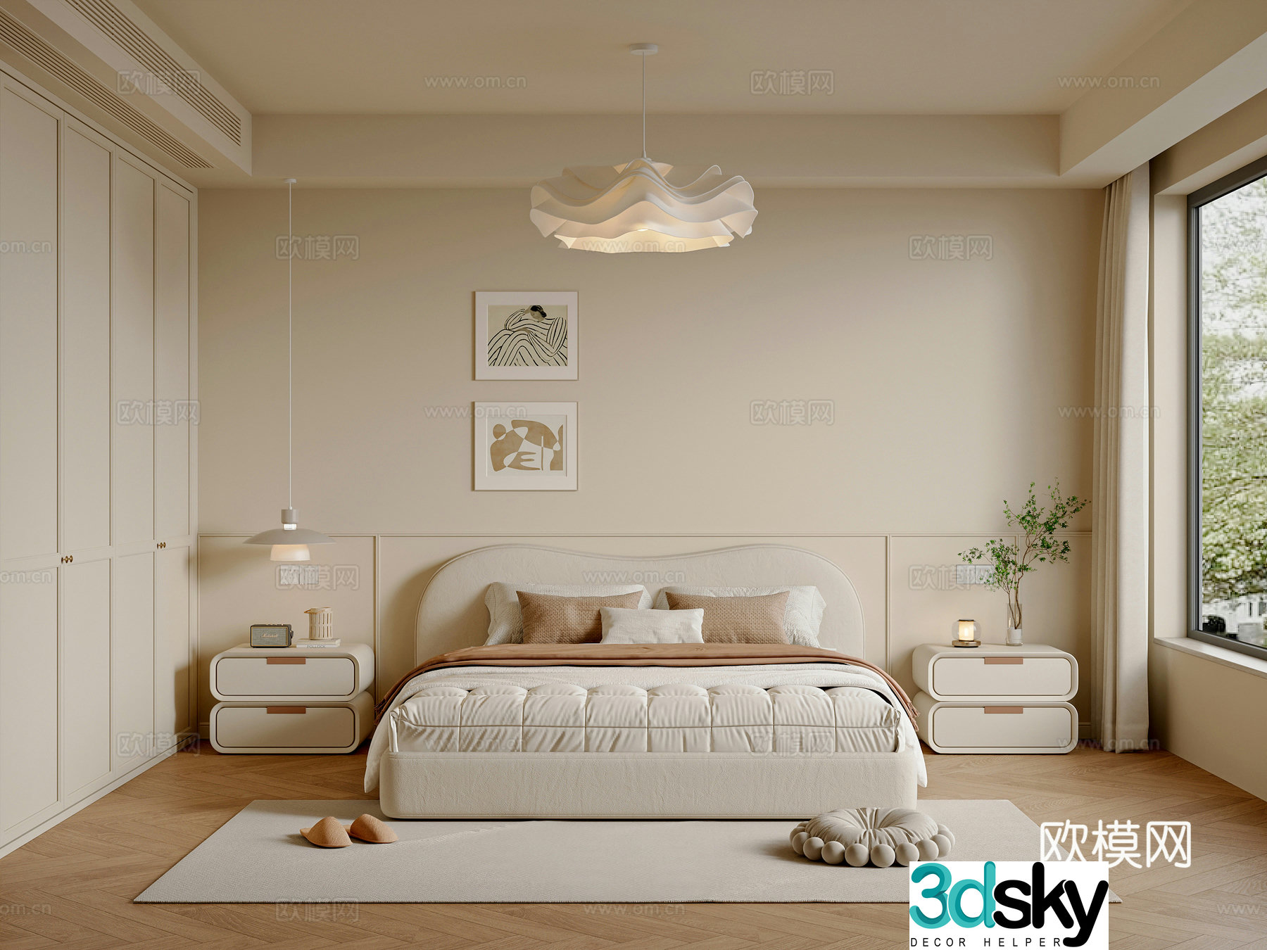 Modern creamy bedroom master bedroom double bed wardrobe hanging painting chandeliers 3d model