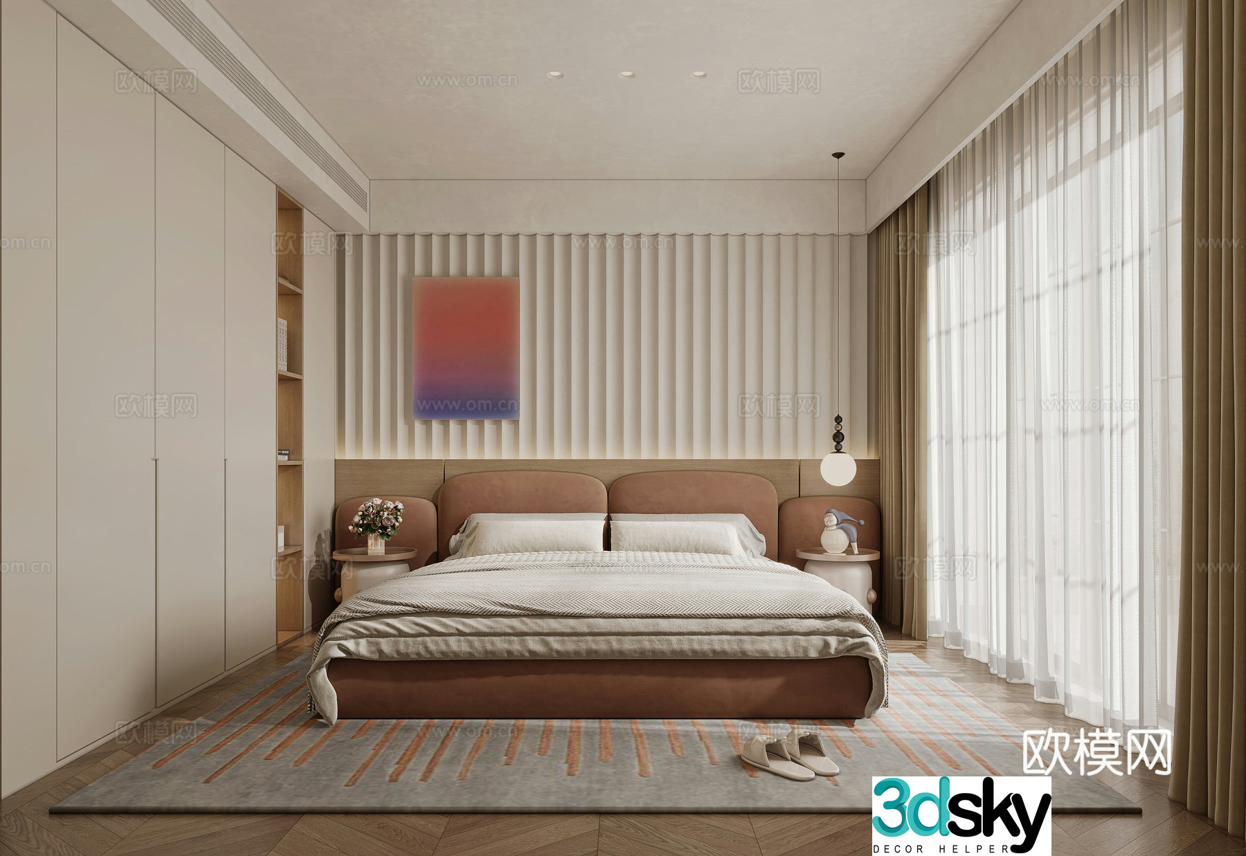 Modern creamy bedroom 3d model