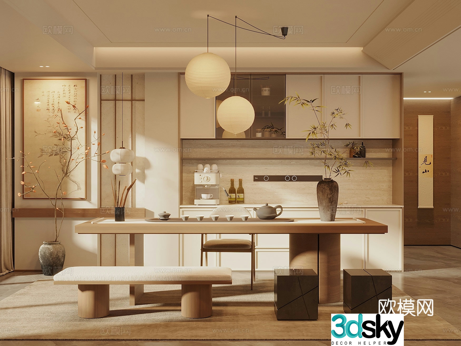 Song’s new stroke tea room tea cabinet sideboard tea table and chair combination art chandeliers hang painting 3D model