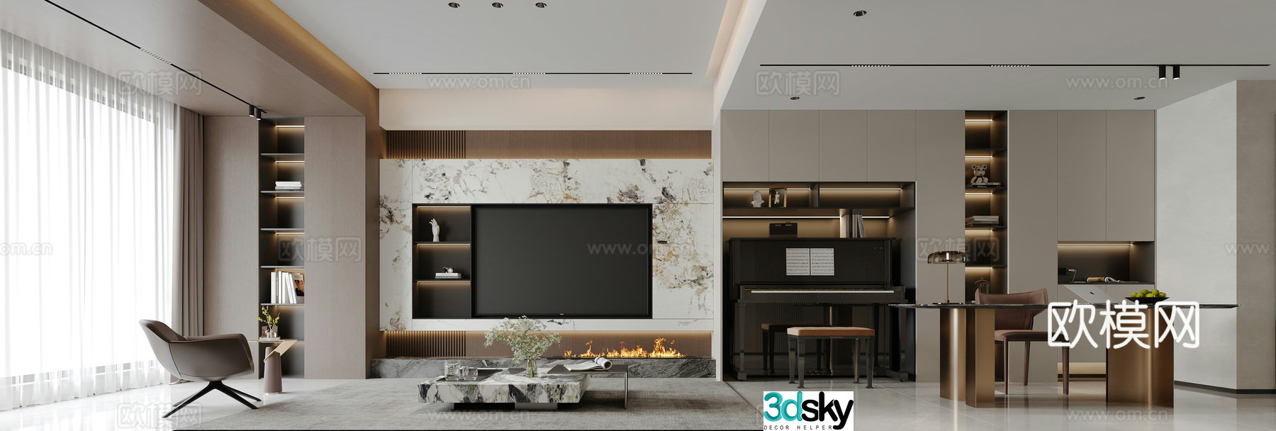 Modern living and dining room 3d model
