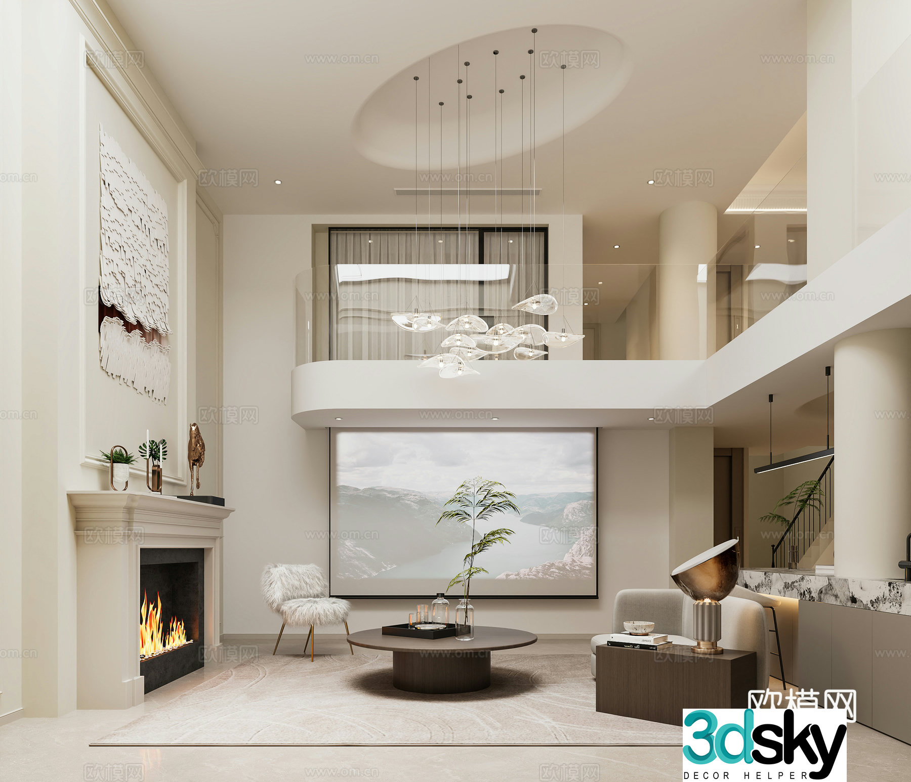 Modern Cream Villa Living Room Empty Living Room Sunken Living Room Sofa Combination Chandelier Fireplace 3D Model