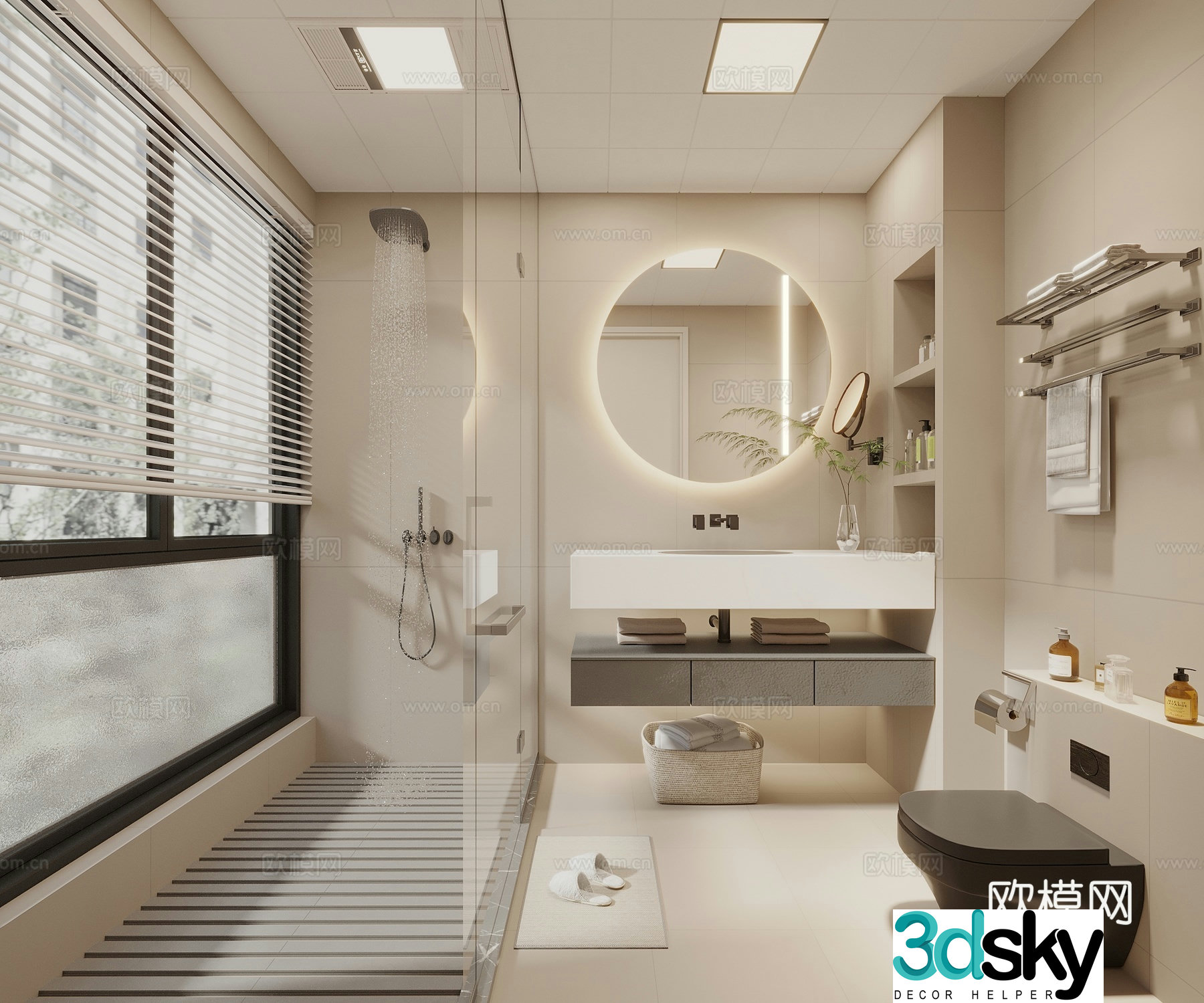 Modern cream style bathroom shower room shower shower toilet bathroom cabinet bathroom supplies 3d model