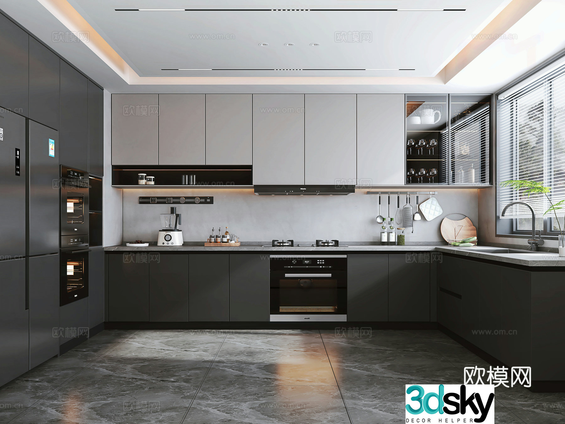 Italian light luxury enclosed kitchen Italian cabinets Kitchen appliance combination Kitchen ornaments Refrigerator 3D model