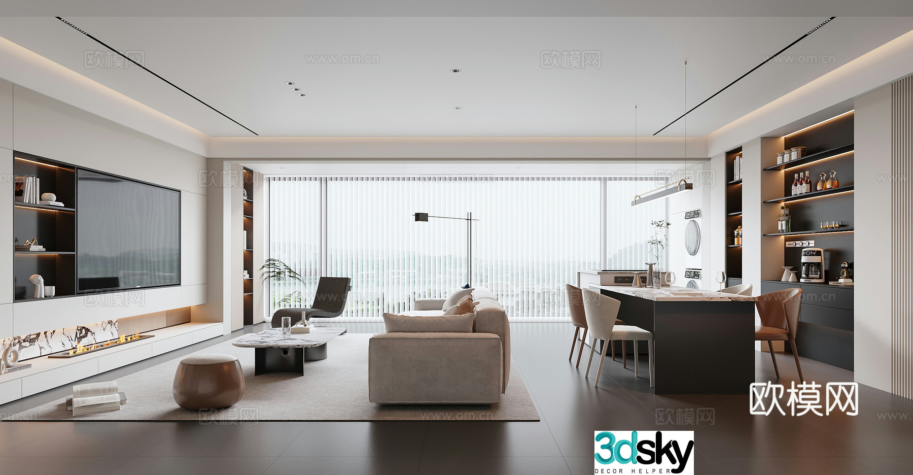 Modern living and dining room 3d model