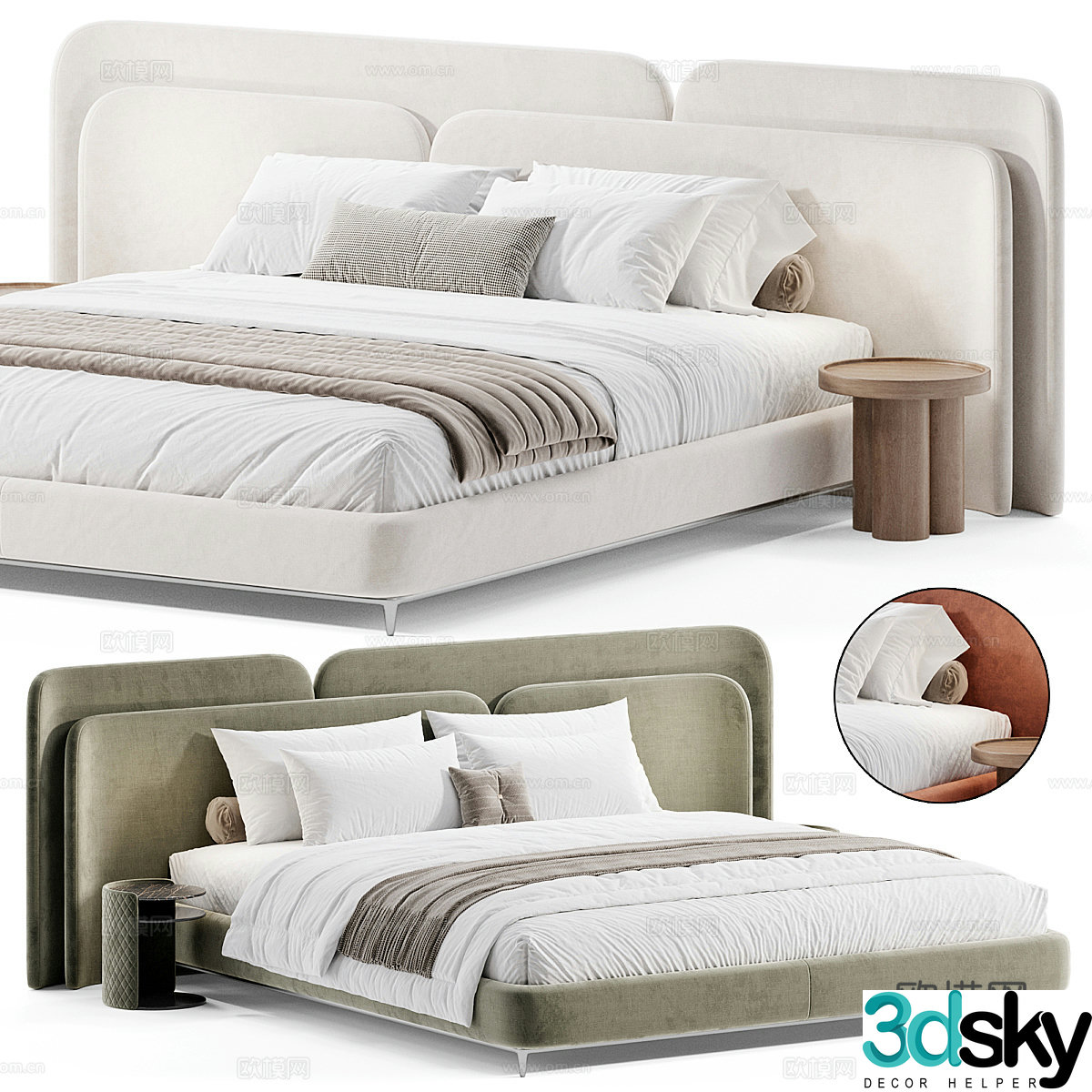 Modern Italian Khonimun Fabric Double Bed 3D Model
