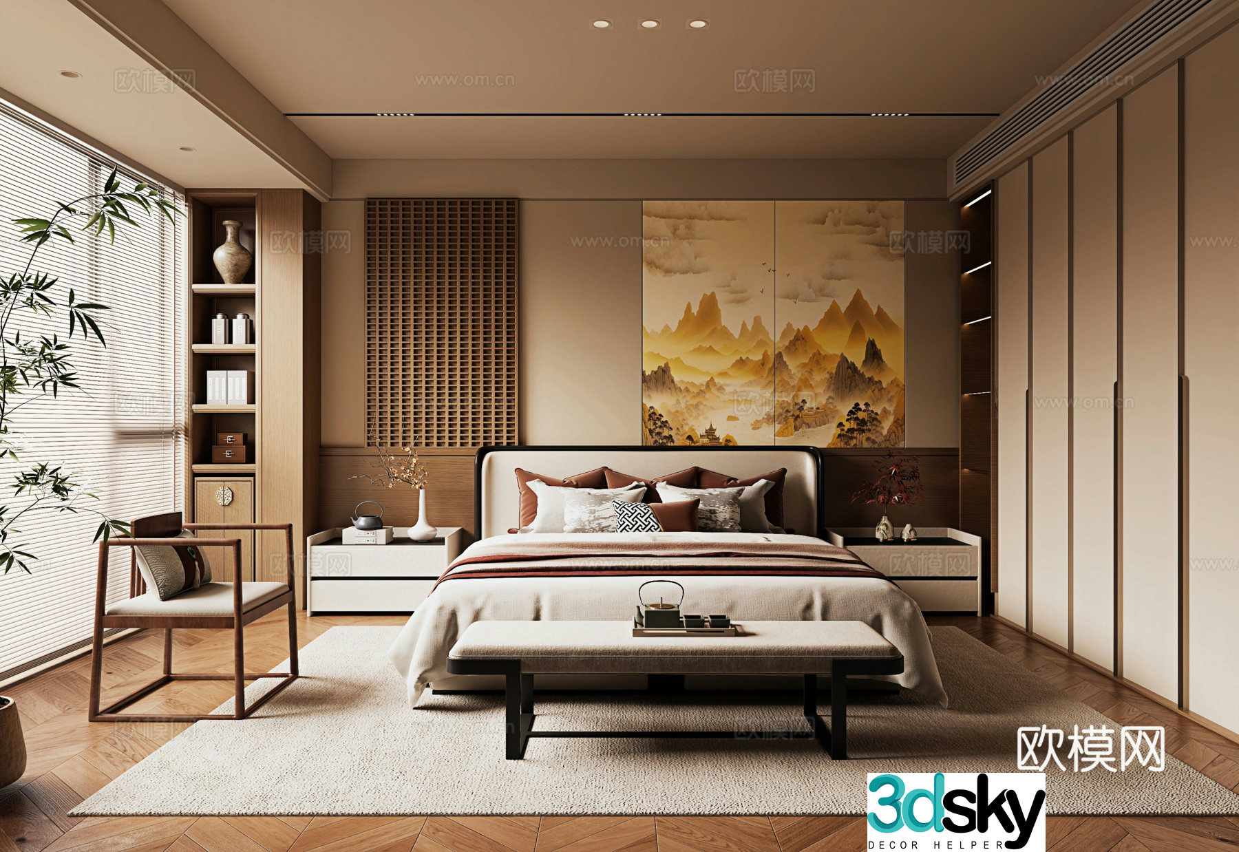 New Chinese style bedroom bedside background wall wardrobe single sofa double bed bedside table 3D model