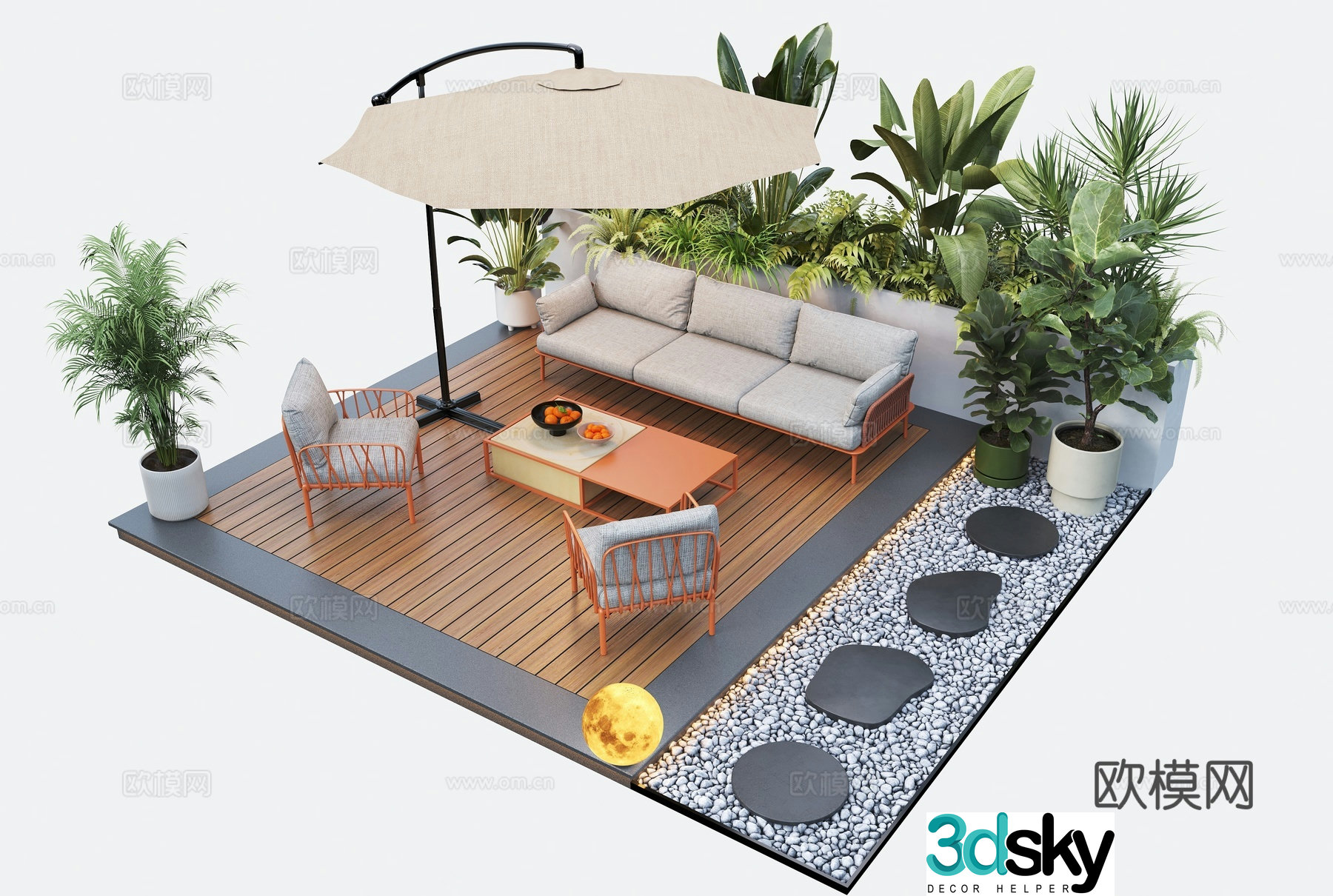 Modern courtyard landscape outdoor sofa umbrella seat landscape plants 3d model