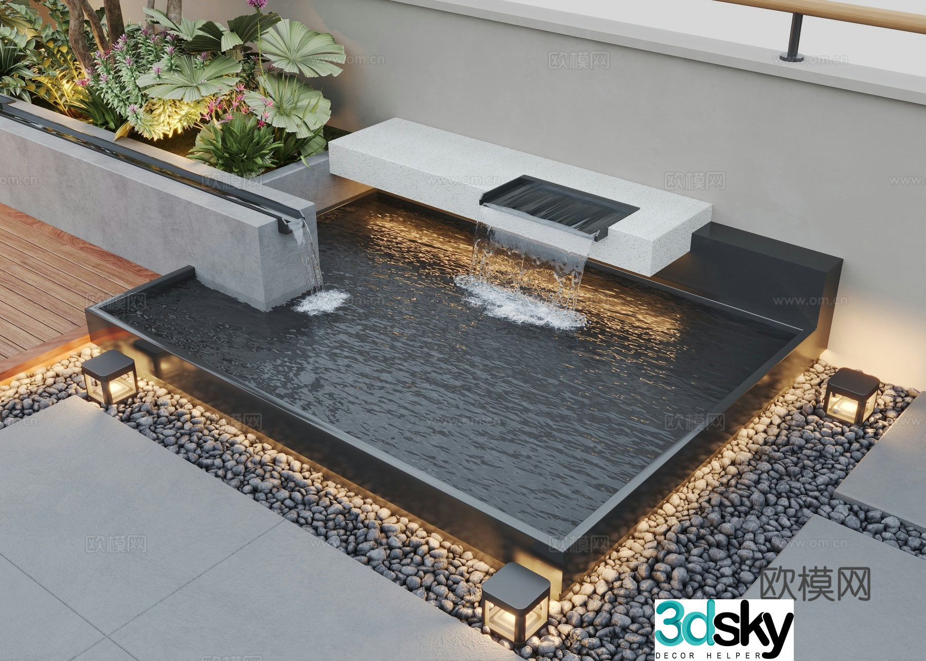 Modern garden waterscape stacked water flowing water 3d model