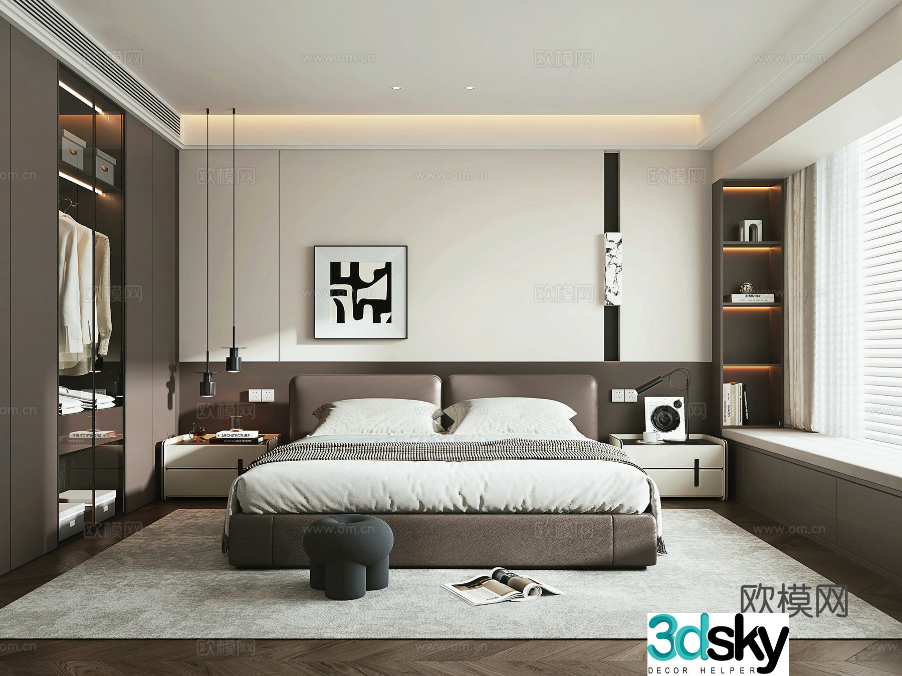 Italian light luxury home bedroom Italian light luxury double bed bed nightstand glass wardrobe bedside chandeliers 3D model