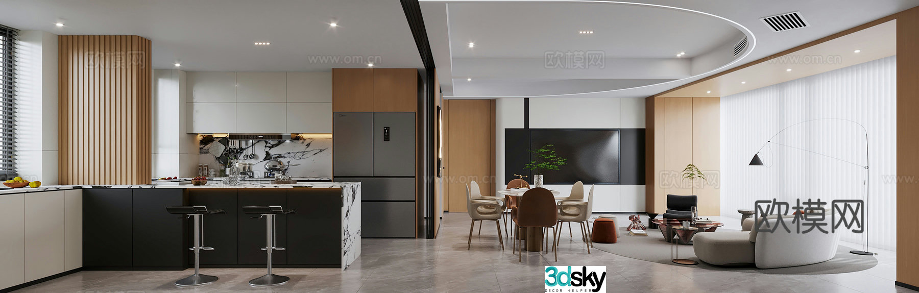 Italian restaurant creamy restaurant TV background wall open kitchen opposite sex sofa combination 3D model