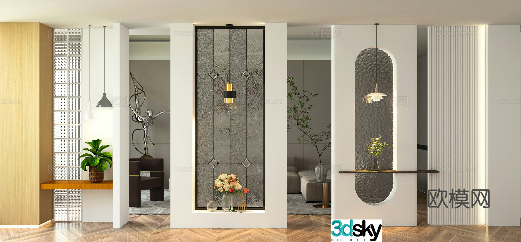 Modern screen entrance glass partition entrance hall landscaping 3D model
