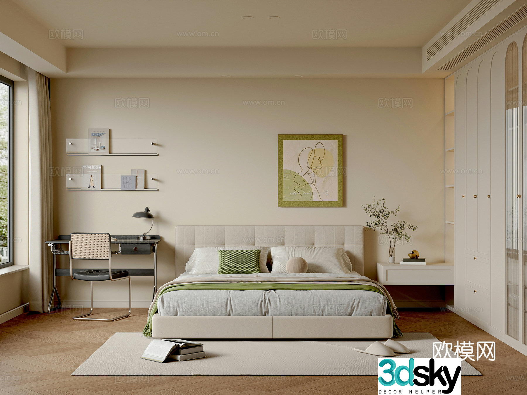 Modern creamy bedroom master bedroom double bed wardrobe desk chair hanging painting bookshelf 3d model