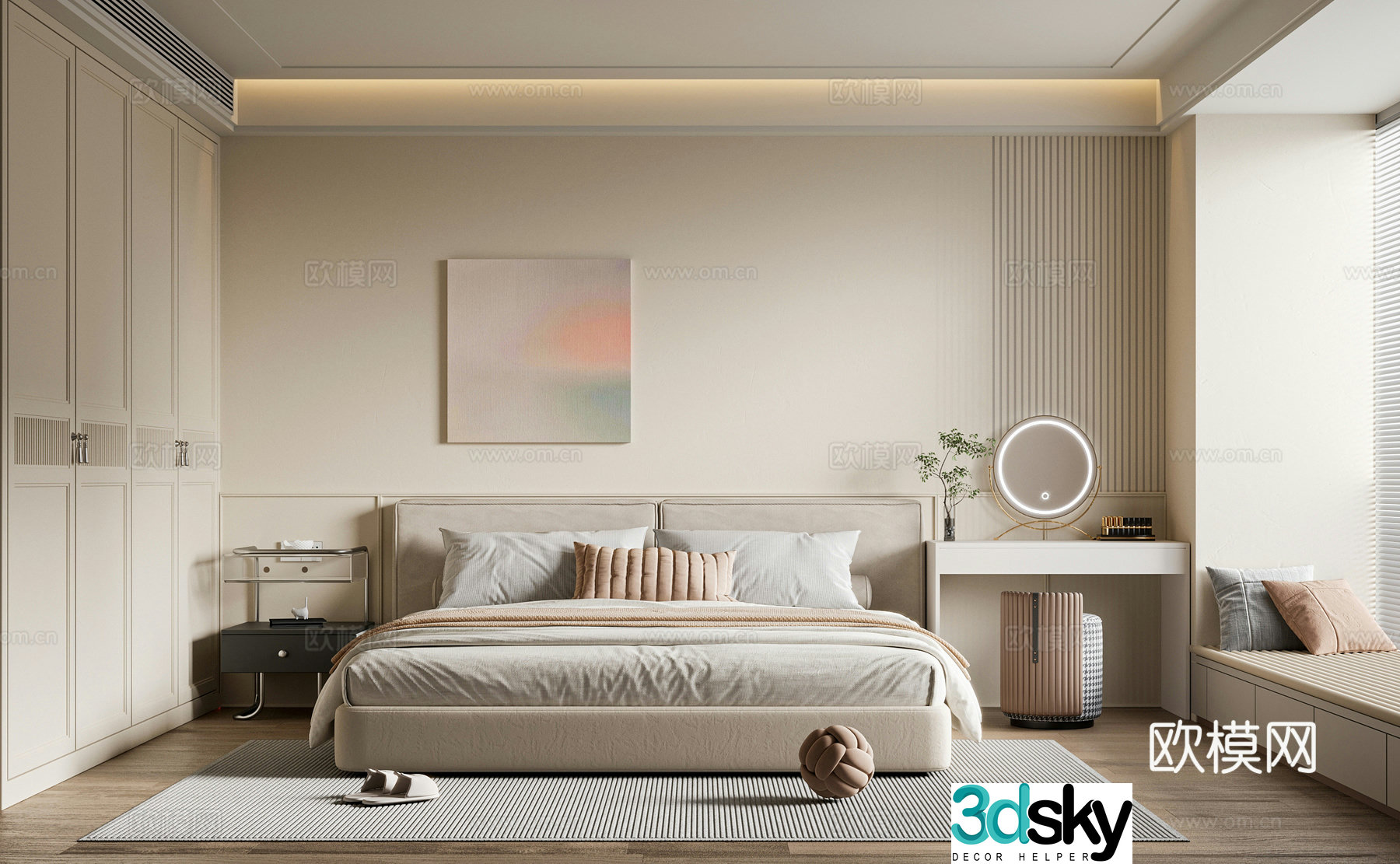 Modern creamy bedroom master bedroom double bed wardrobe dressing table hanging painting 3d model