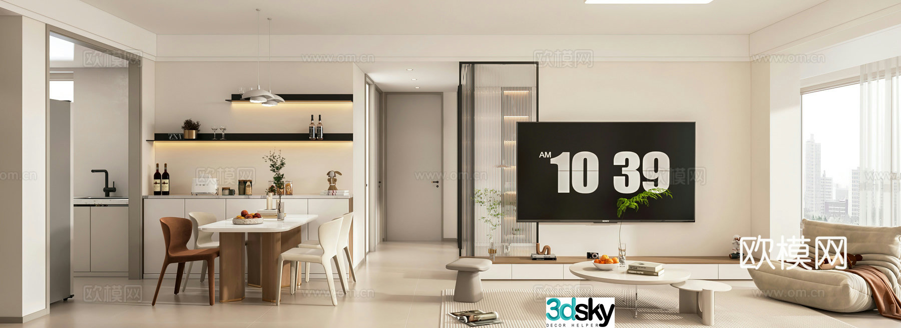 Modern living and dining room open kitchen study bookcase 3d model