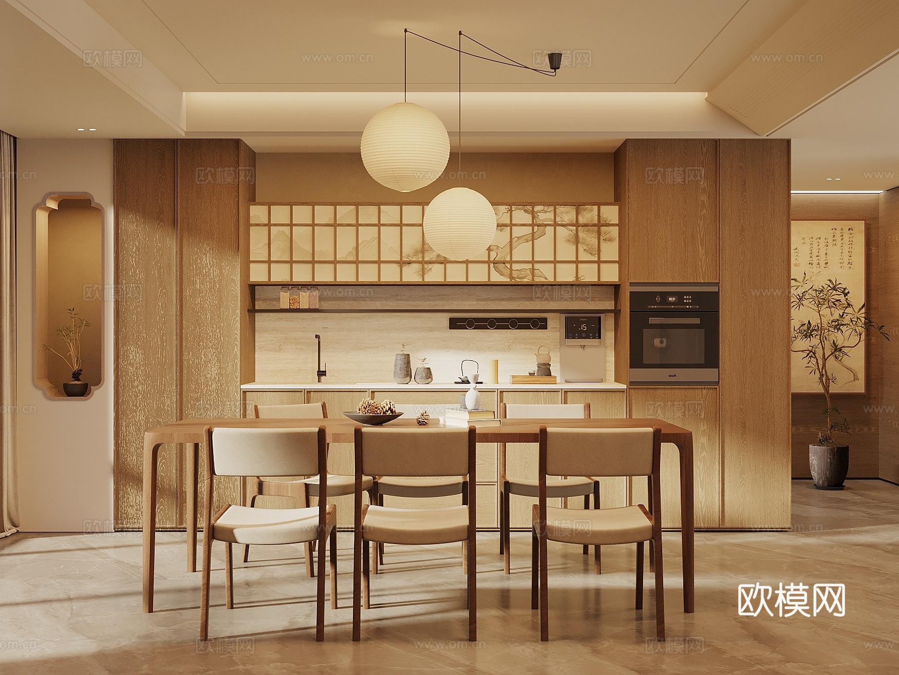 Song’s New Stroke Restaurant Wine Cabinet Side Cabinet Dining Table and Chair Combination Art Chandelier 3D Model